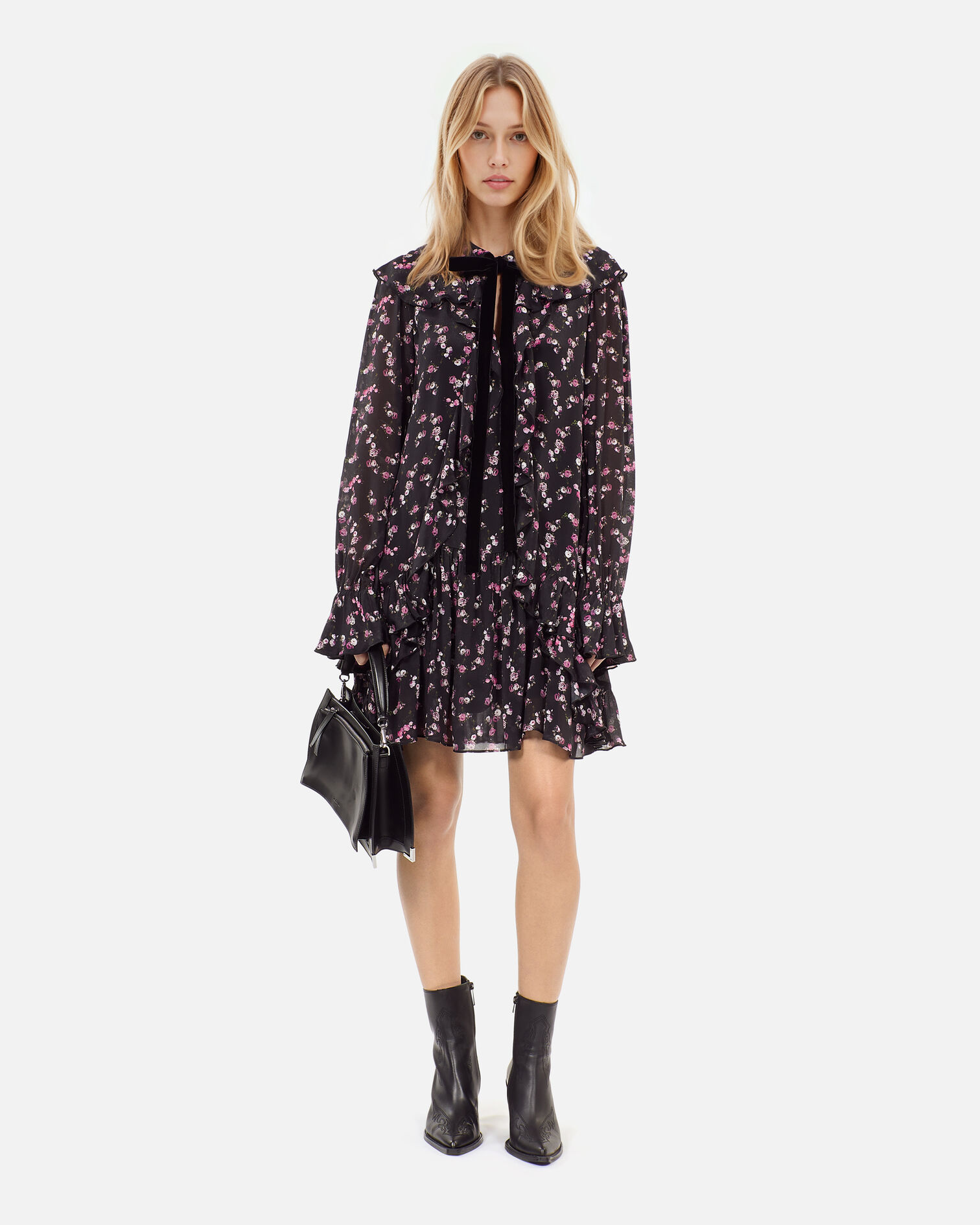 Robe courte à volants imprimé fleuri, BLACK, hi-res image number null