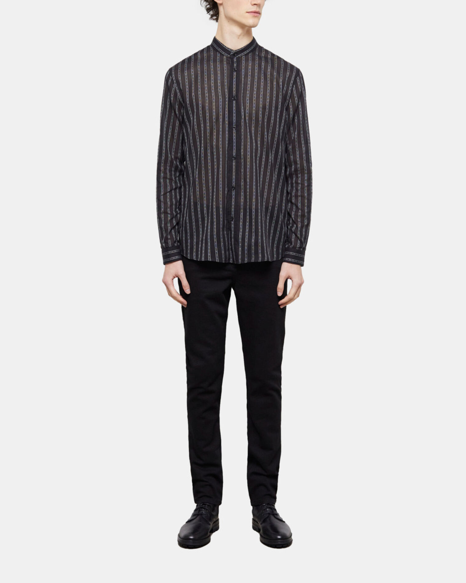 Black striped shirt with officer collar, BLACK, hi-res image number null