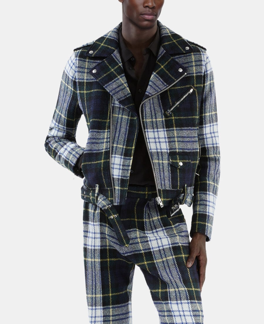 The Kooples H GREEN-WHITE green and navy blue check wool biker jacket the kooples x harris twed