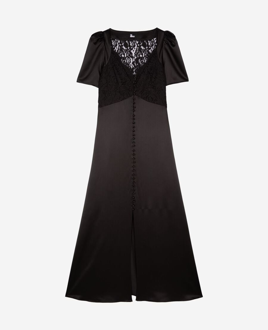 The Kooples WOMEN BLACK silk maxi dress with black lace