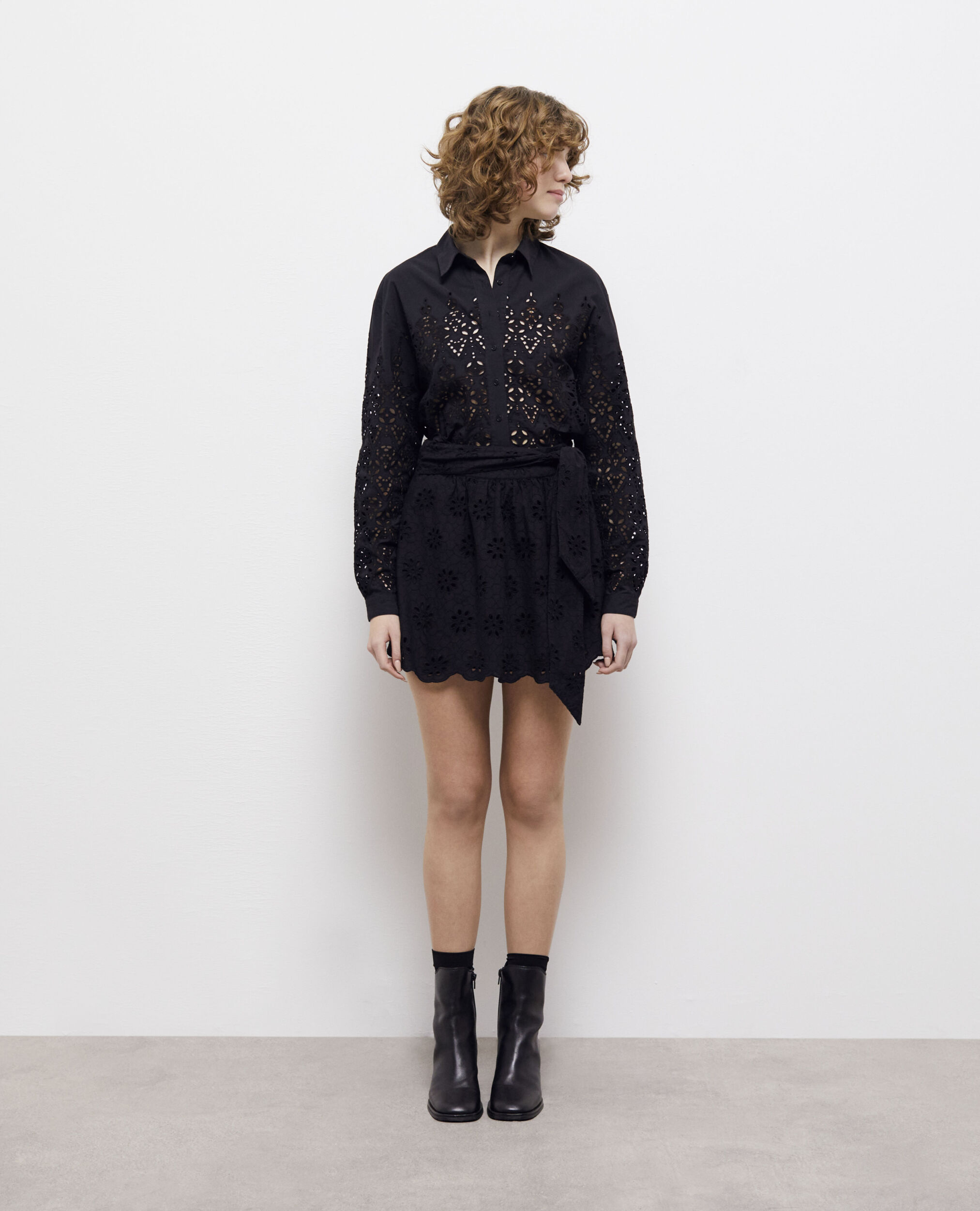 Short black skirt with broderie anglaise, BLACK, hi-res image number null