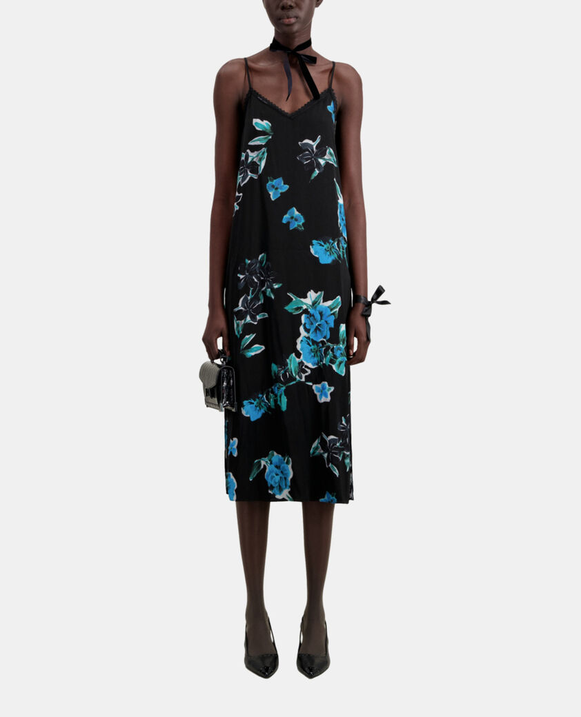 The Kooples WOMEN BLACK BLUE long printed slip dress with lace details