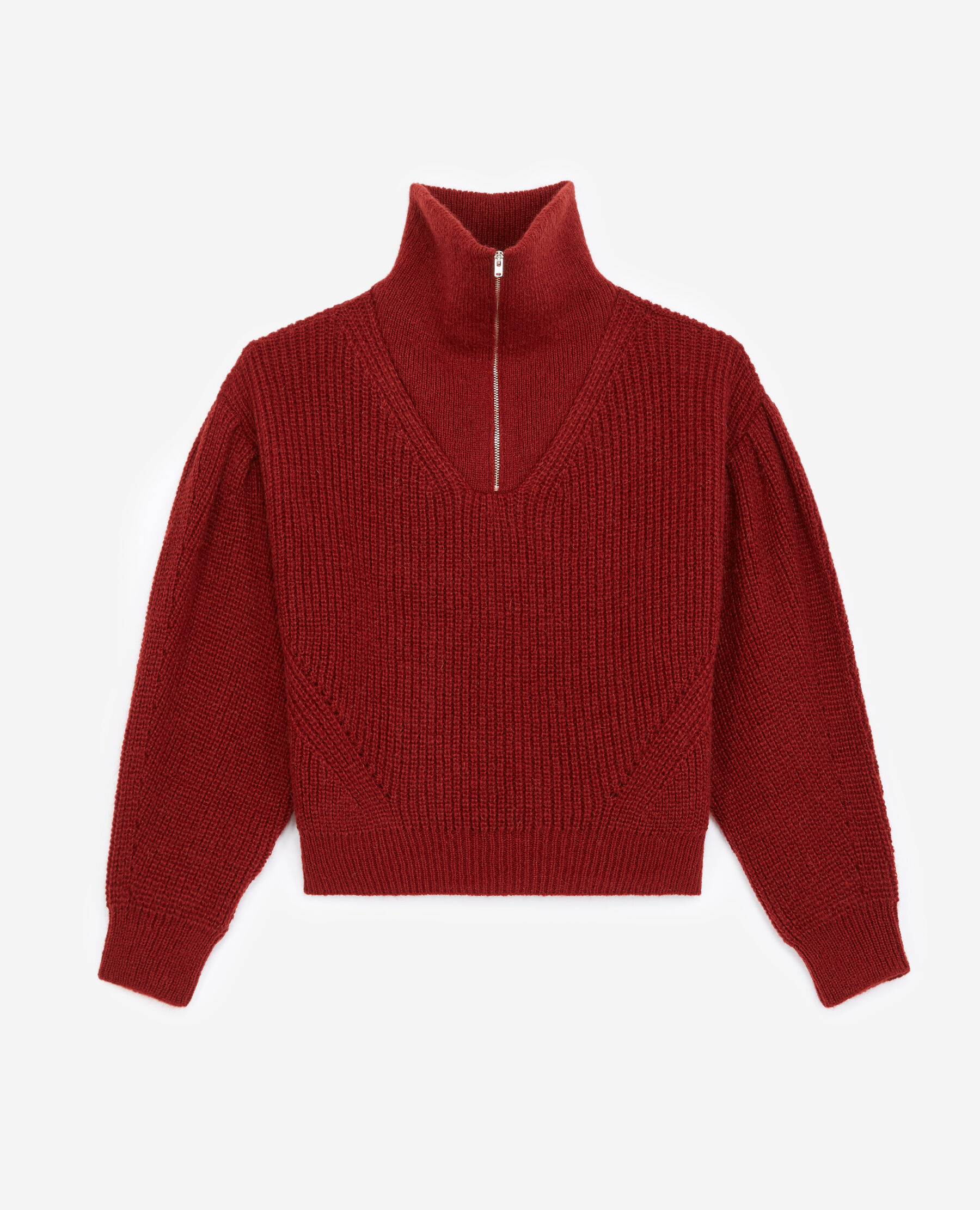 Red sweater with zipped roll neck