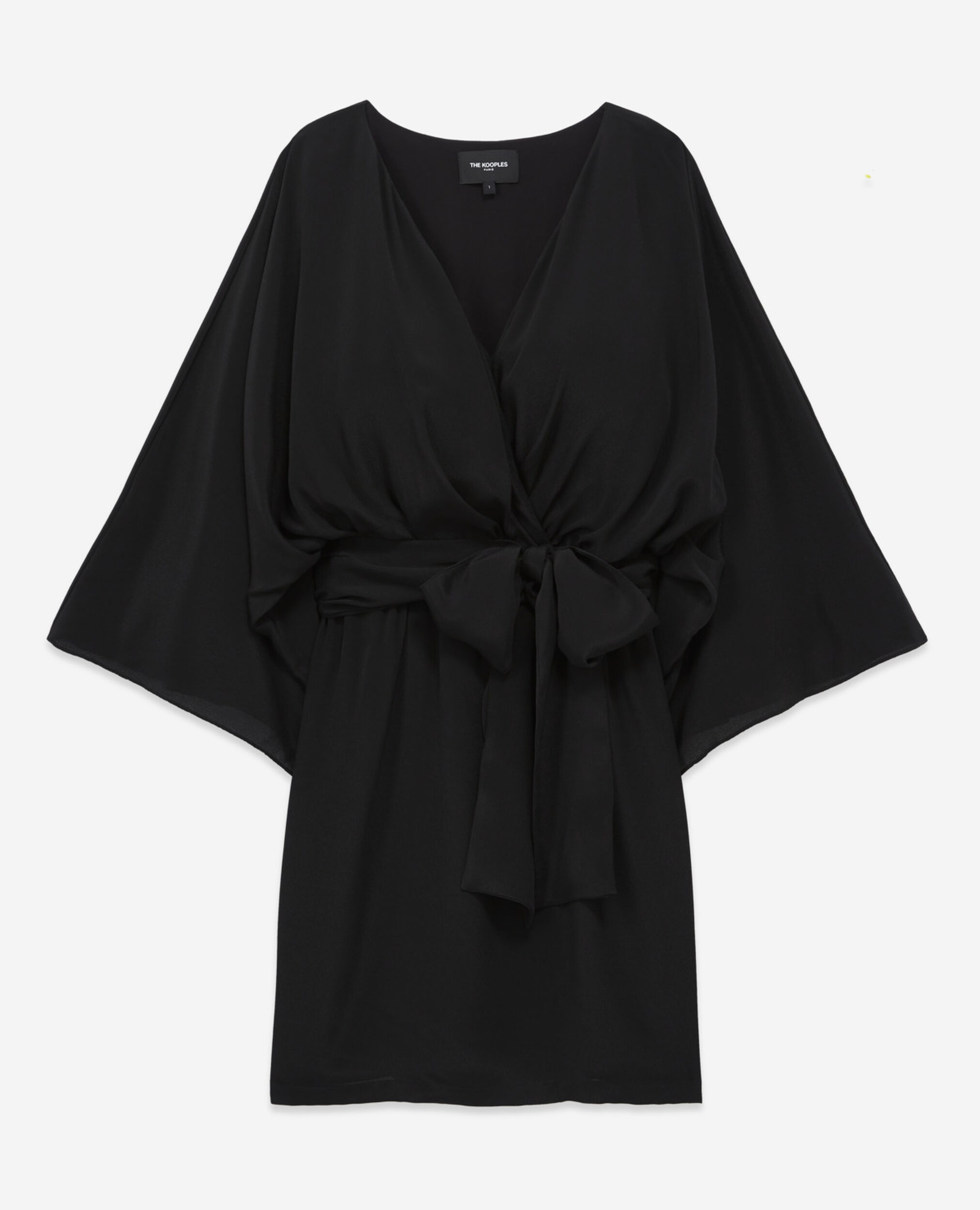 Short belted kimono dress in silk viscose, BLACK, hi-res image number null