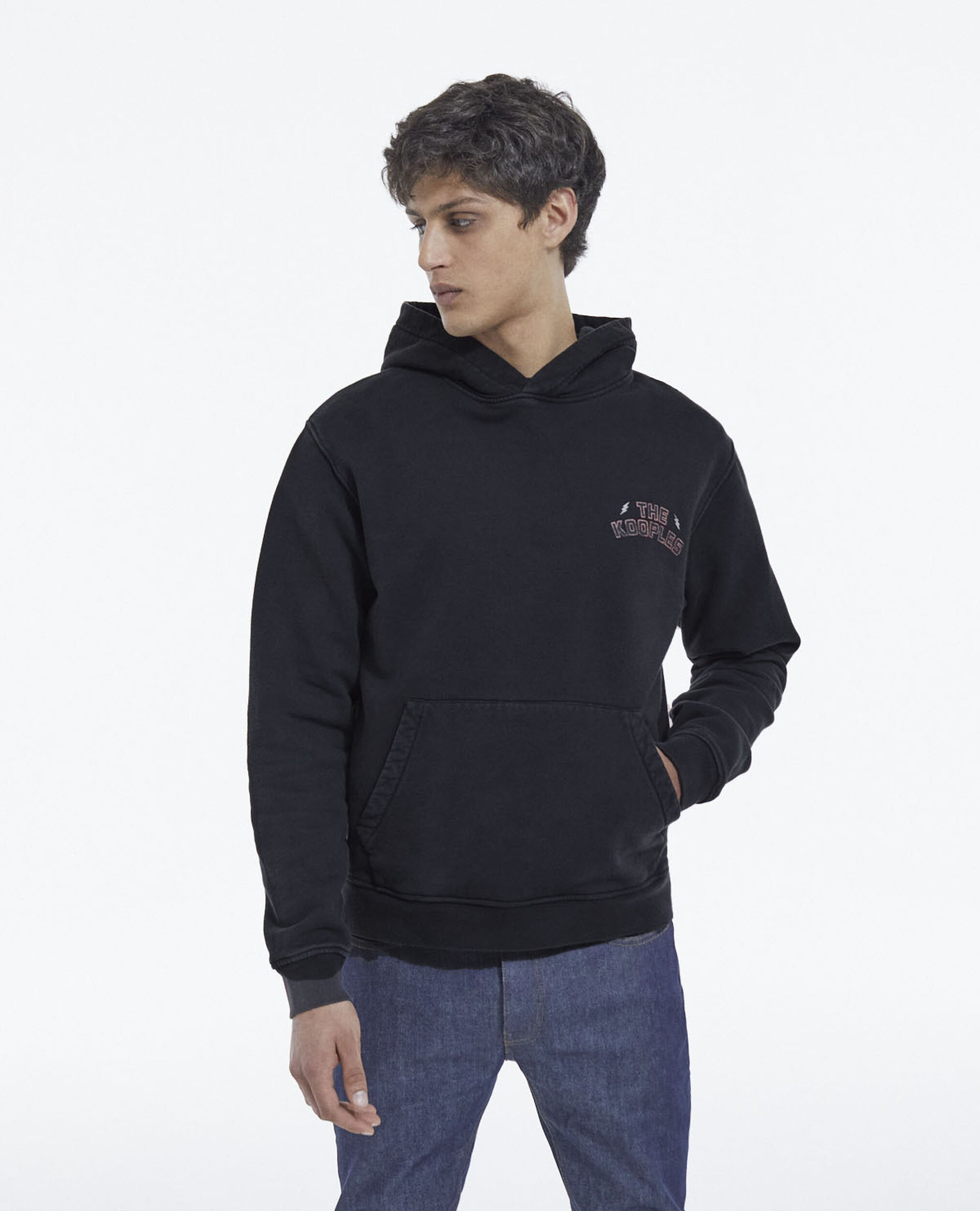 Faded black cotton sweatshirt w/ pouch pocket, BLACK WASHED, hi-res image number null