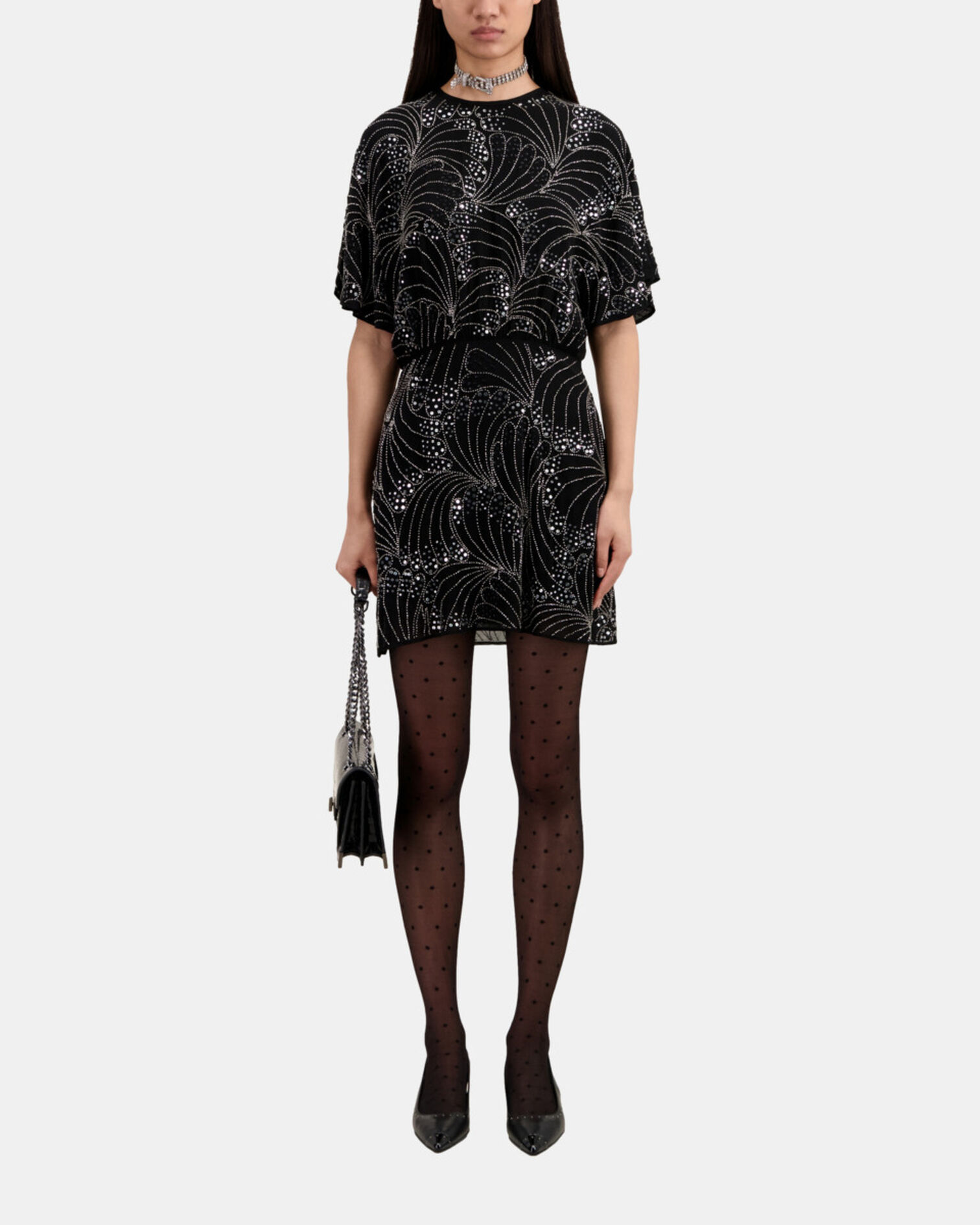 Robe courte noire avec sequins et perles, BLACK, hi-res image number null