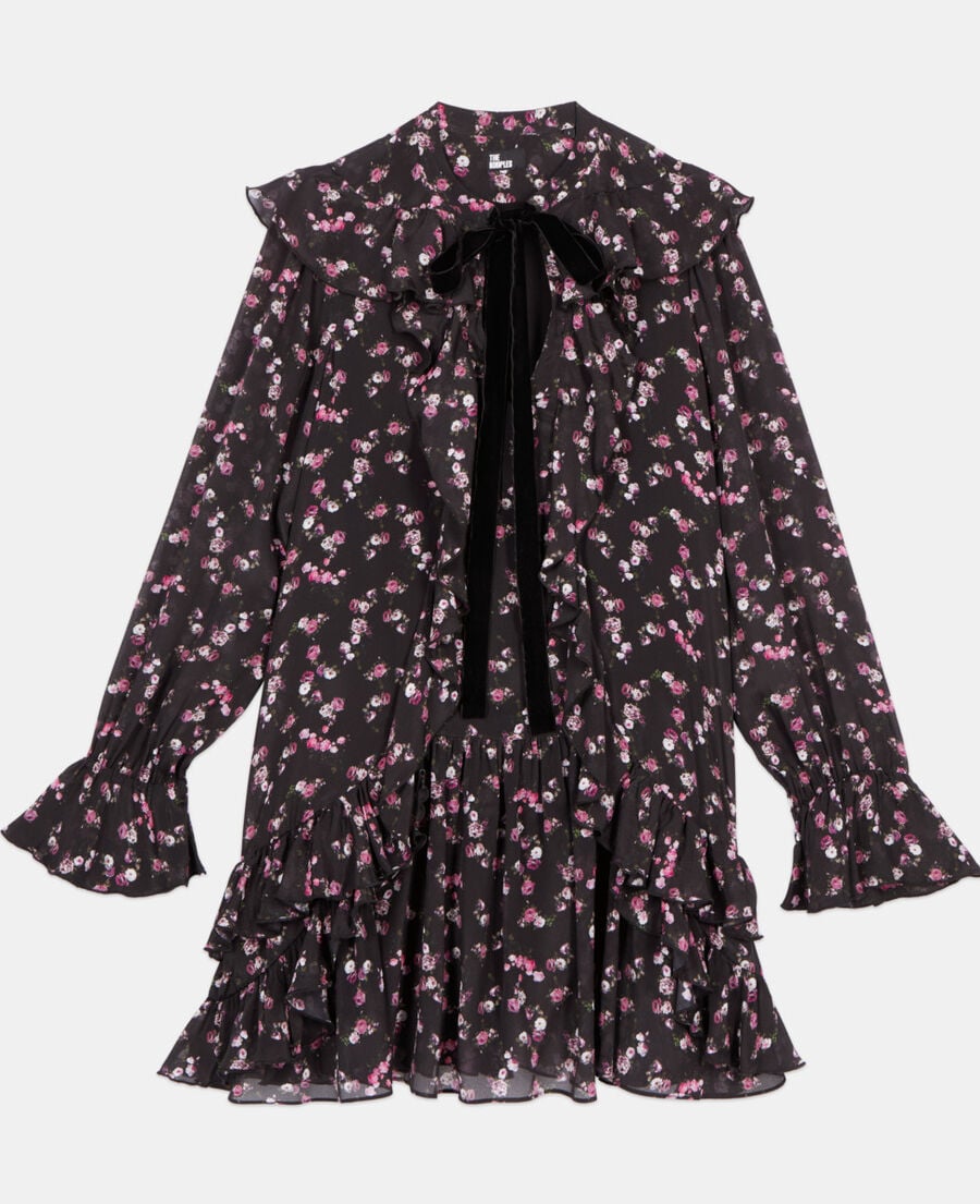 The Kooples WOMEN BLACK floral print ruffled short dress