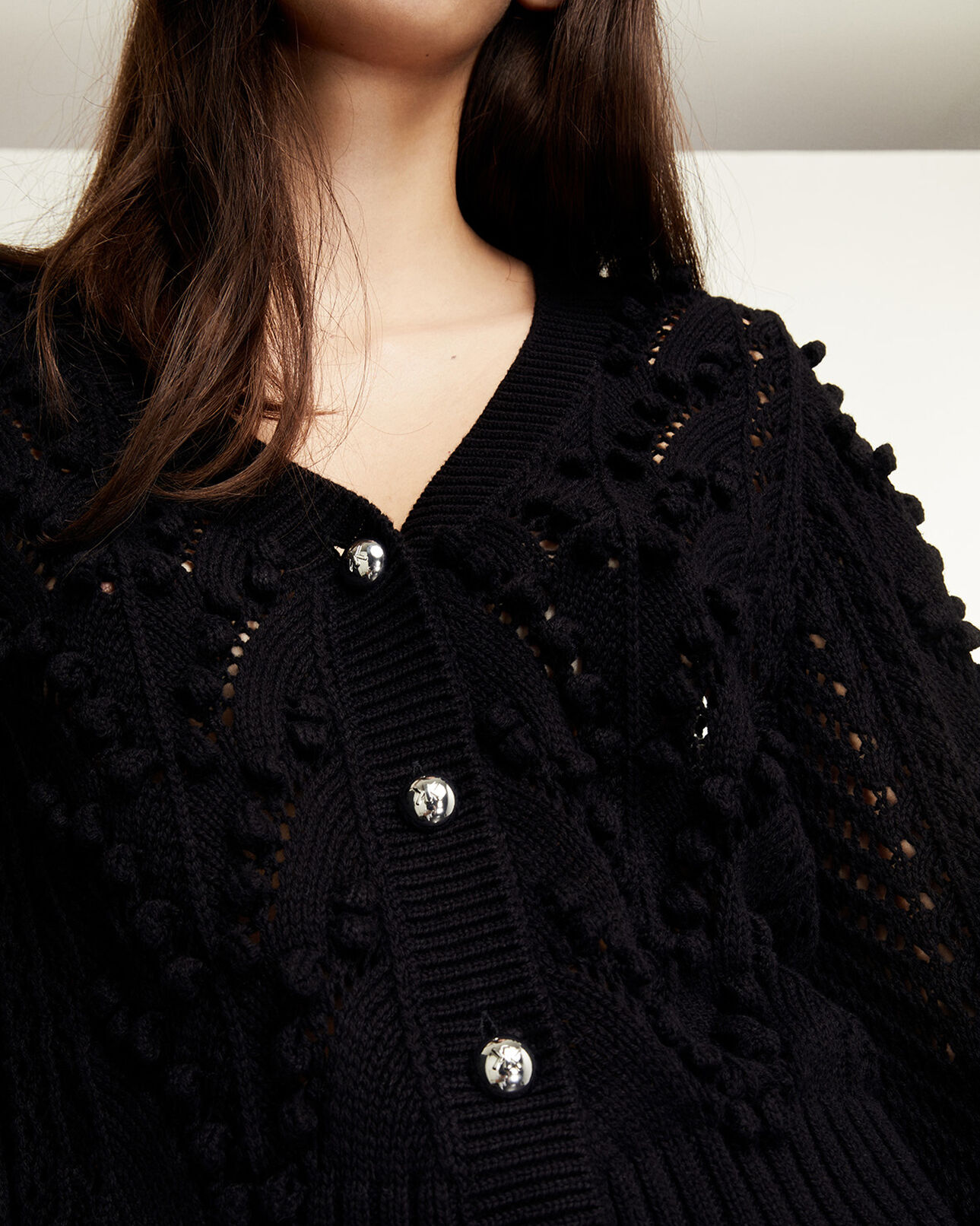 The Kooples DAMEN BLACK baumwollstrickjacke schwarz kurz zopfmuster