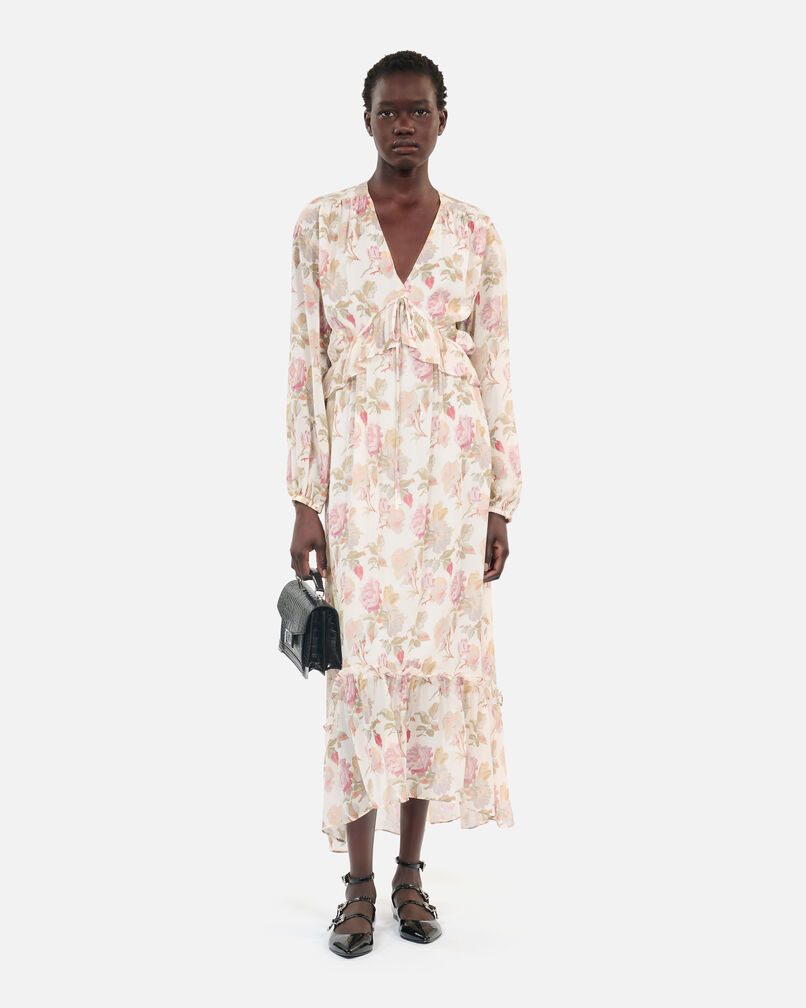 The Kooples FEMME BEIGE / RED robe longue avec imprimé fleuri en soie