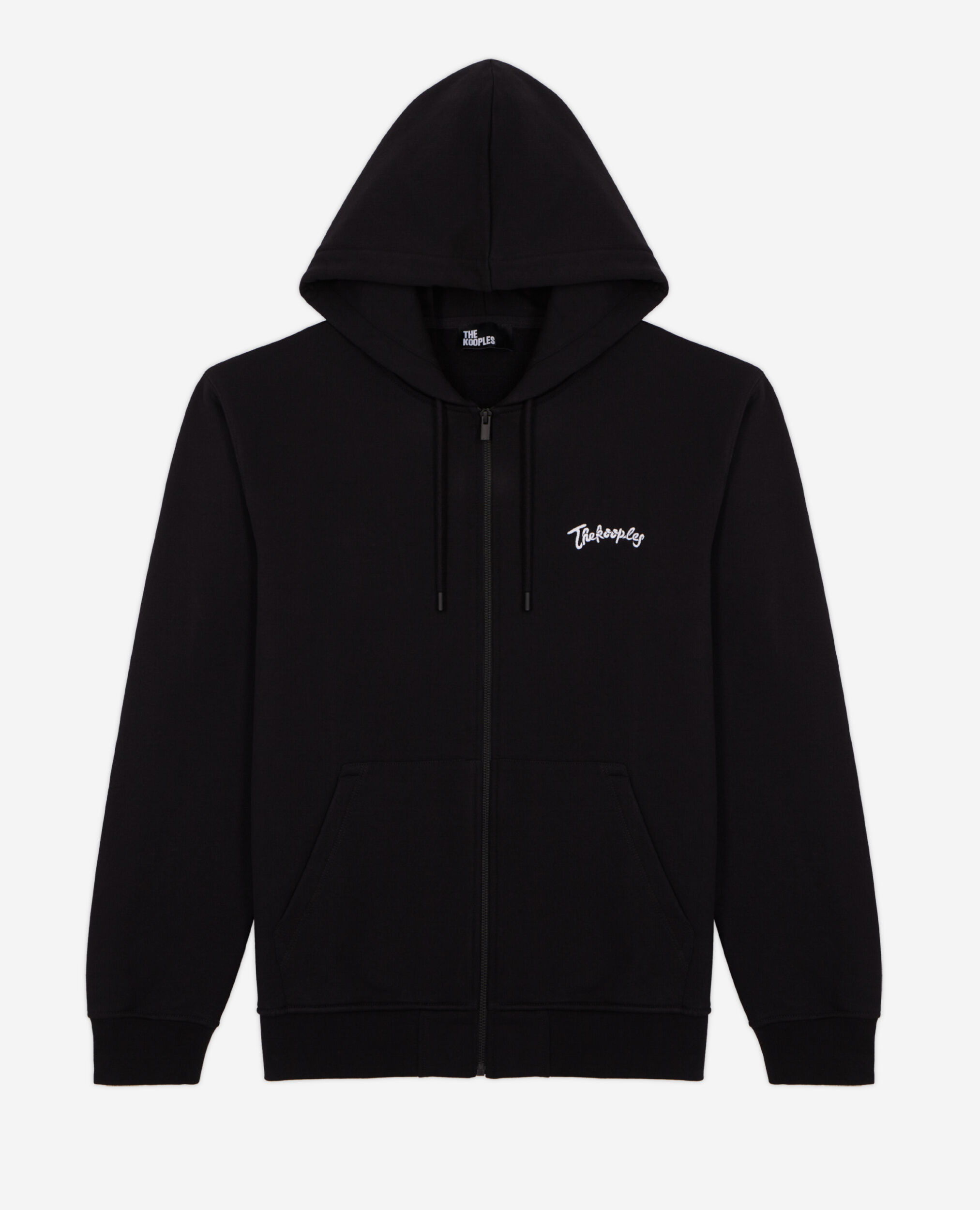 Zipped black hooded sweatshirt with embroidery The Kooples US