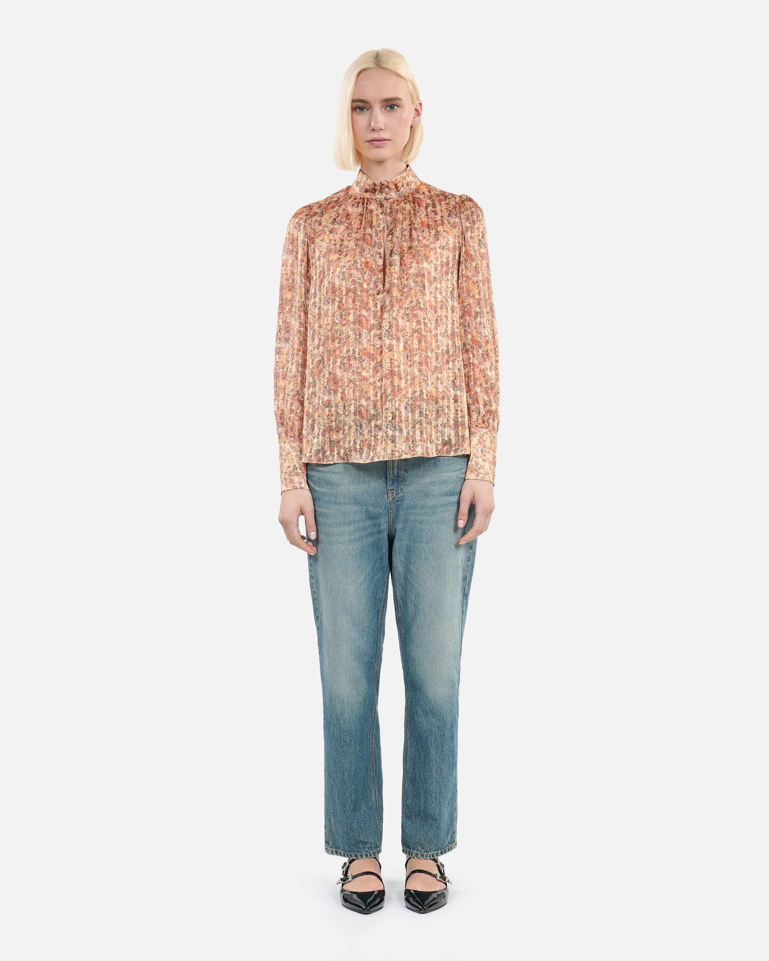 Top en soie imprimé fleuri, CAMEL / BROWN, hi-res image number null