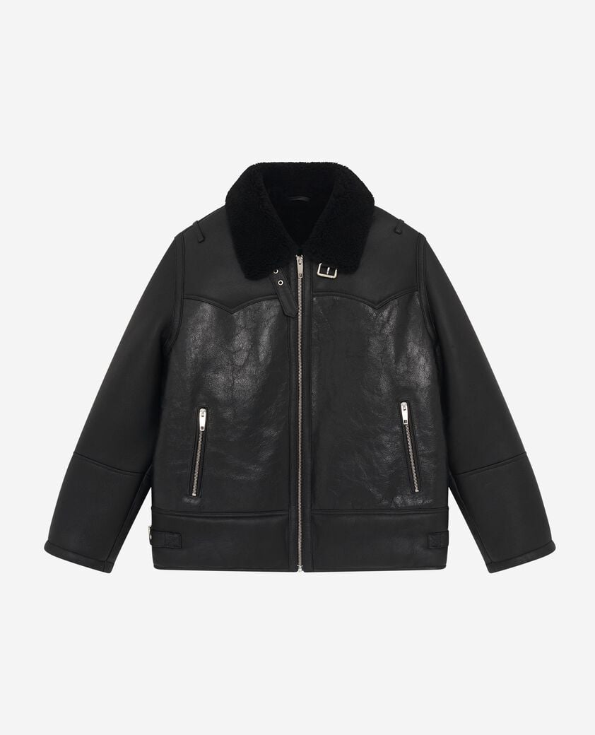The Kooples FEMME BLACK peau lainée courte col sherpa noire
