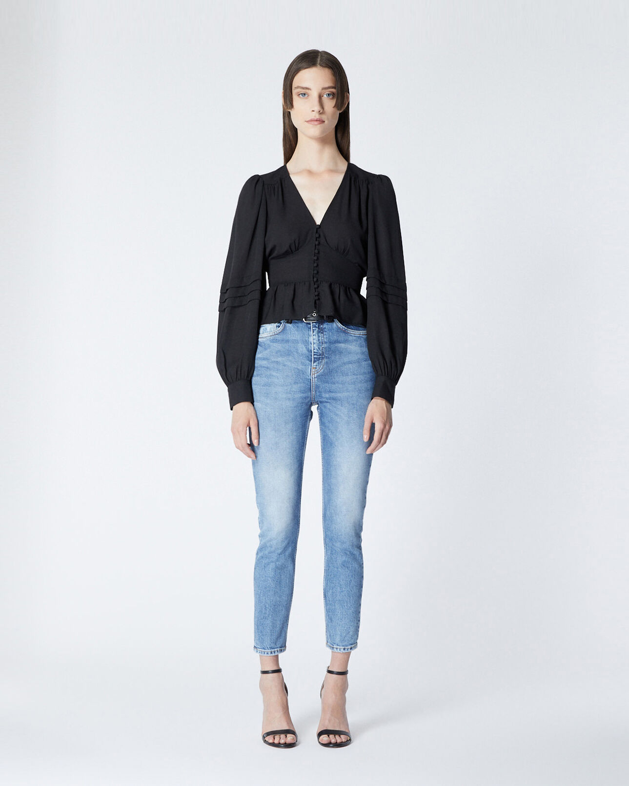 The Kooples WOMEN BLACK flowing buttoned black top with peplum