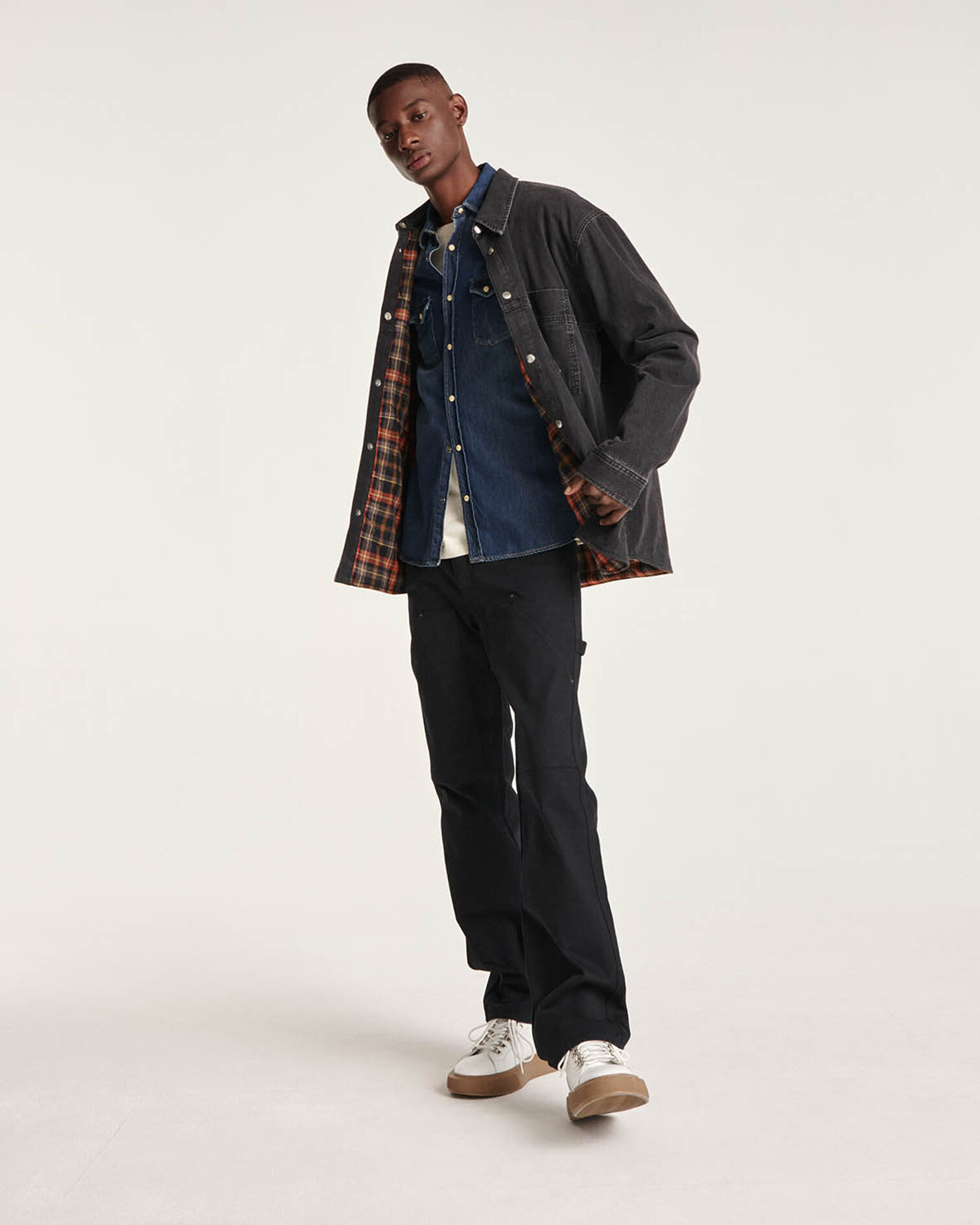 Chemise jean noir à doublure carreaux, BLACK WASHED, hi-res image number null