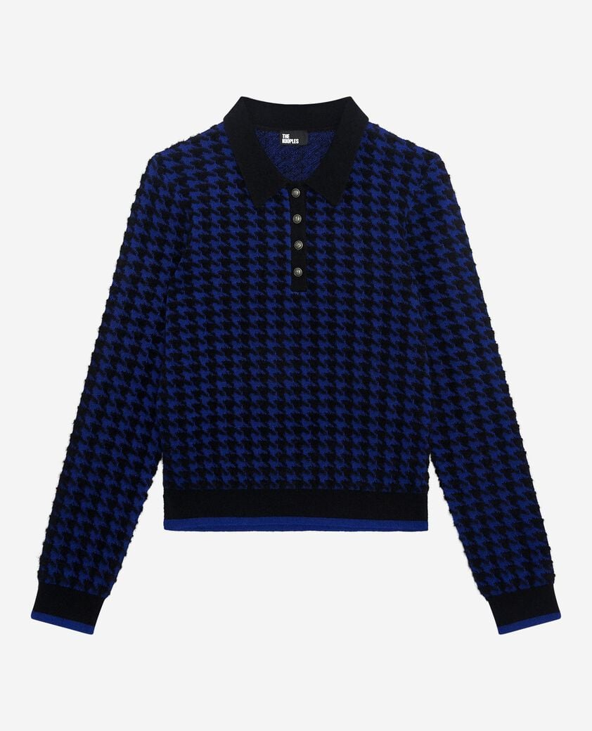 The Kooples FEMME BLACK NAVY pull col polo en pied de poule bleu