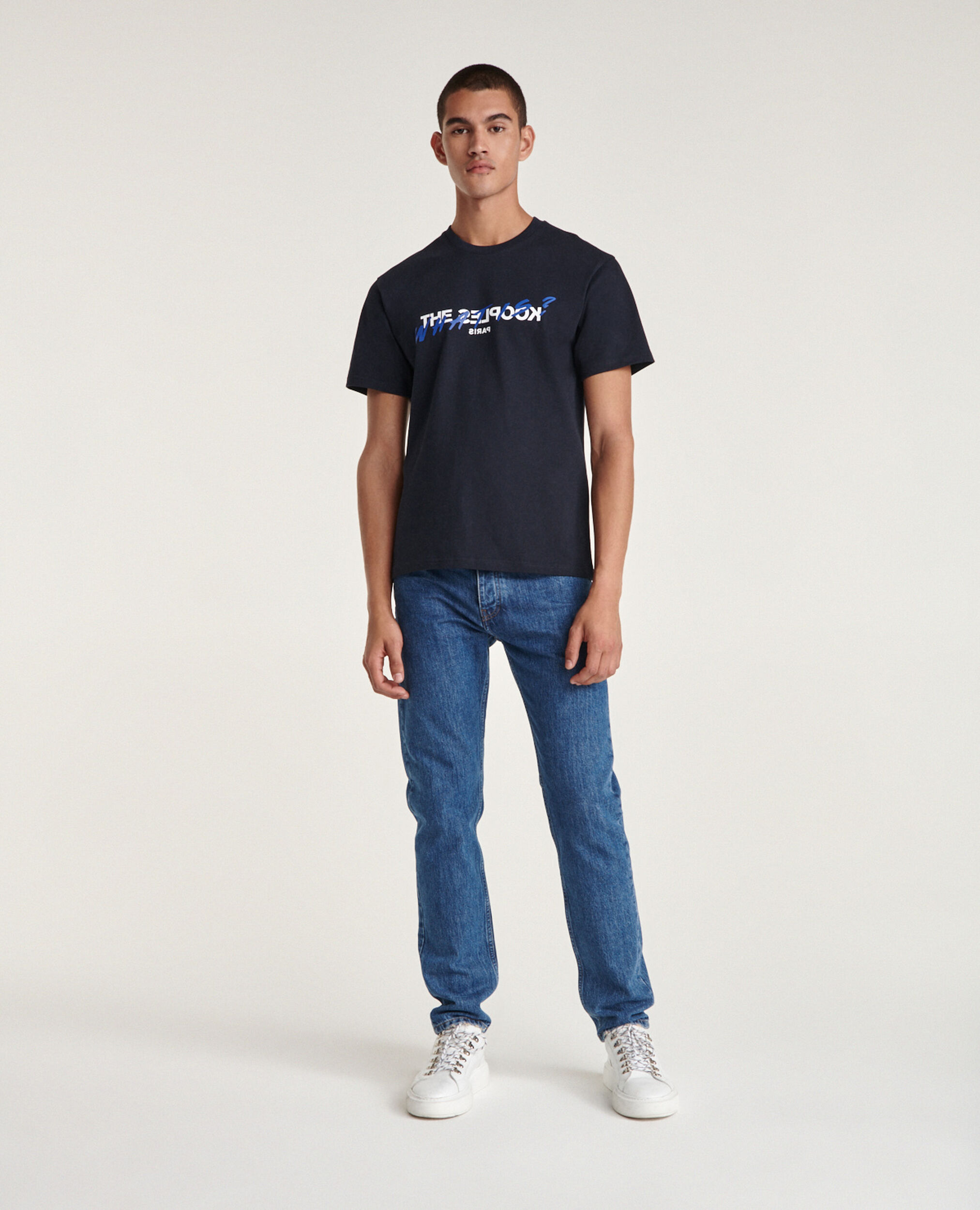 NAVY COTTON T-SHIRT WITH PRINT WHAT IS, NAVY, hi-res image number null