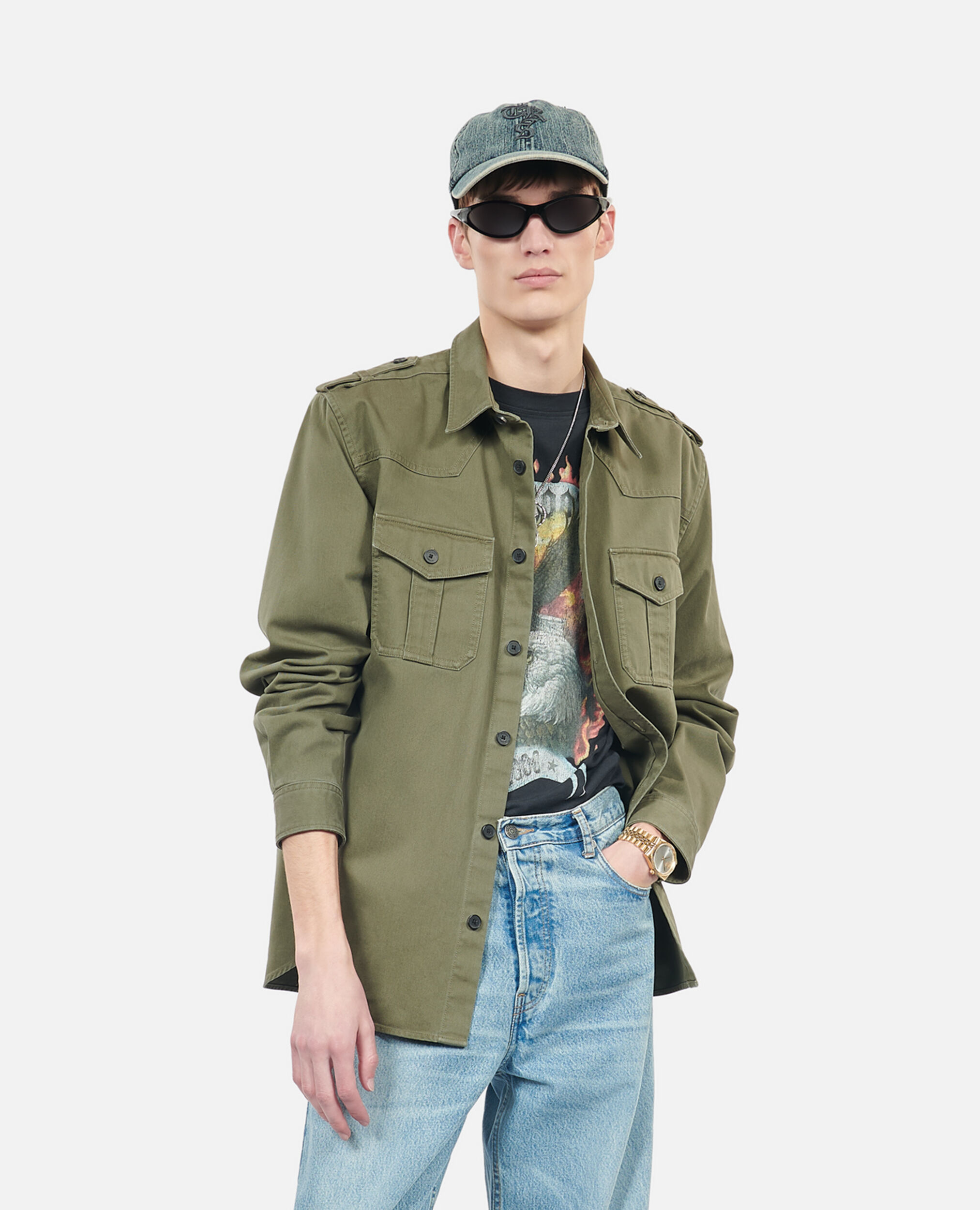 Khaki officer style overshirt, OLIVE NIGHT, hi-res image number null