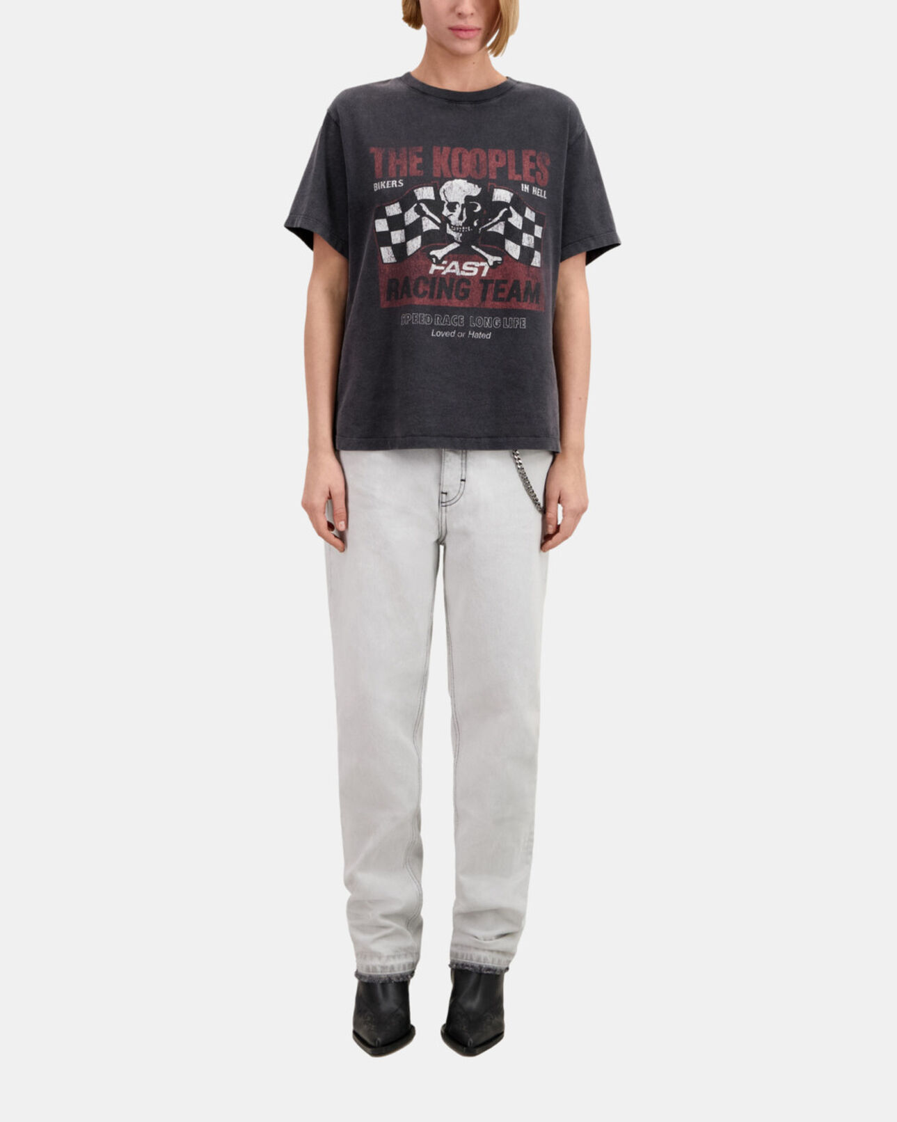 The Kooples MUJER BLACK WASHED camiseta negra serigrafía racing skull para mujer