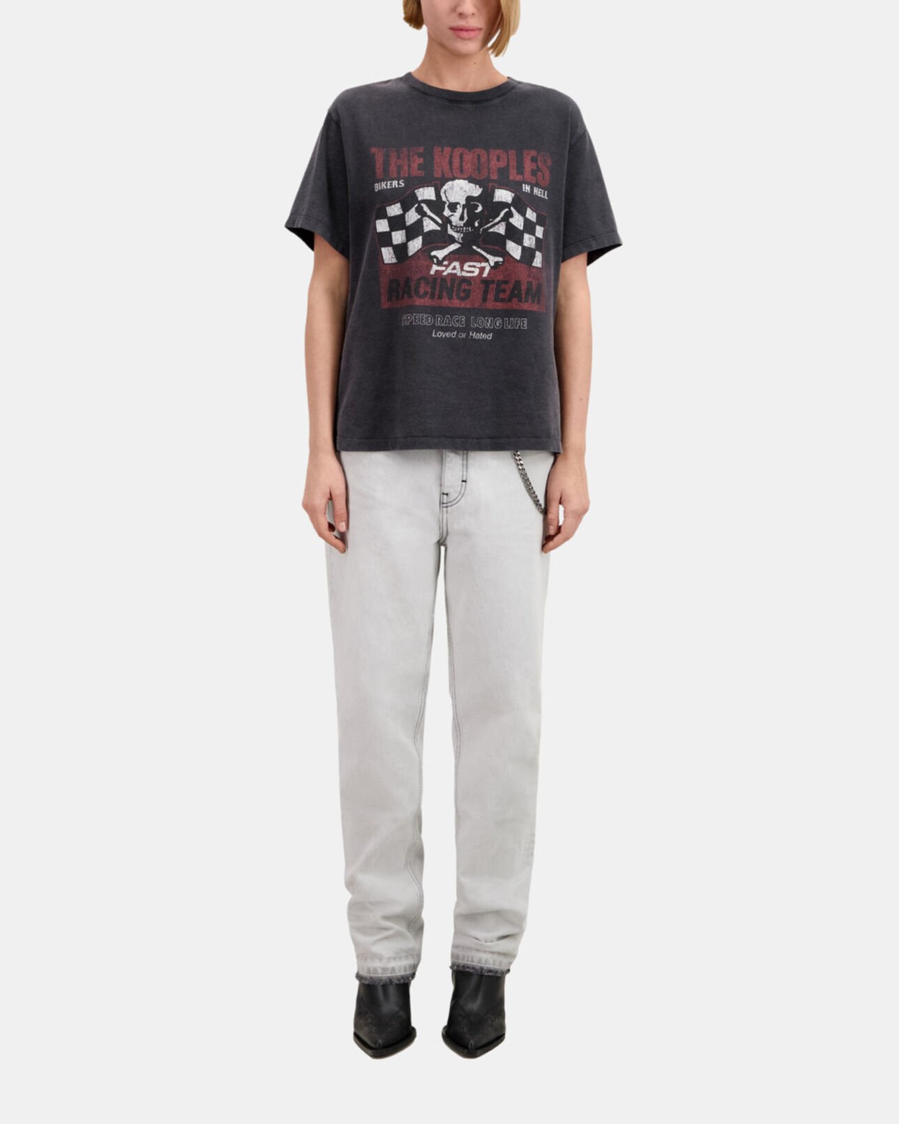 The Kooples WOMEN BLACK WASHED women's black t-shirt with racing skull serigraphy