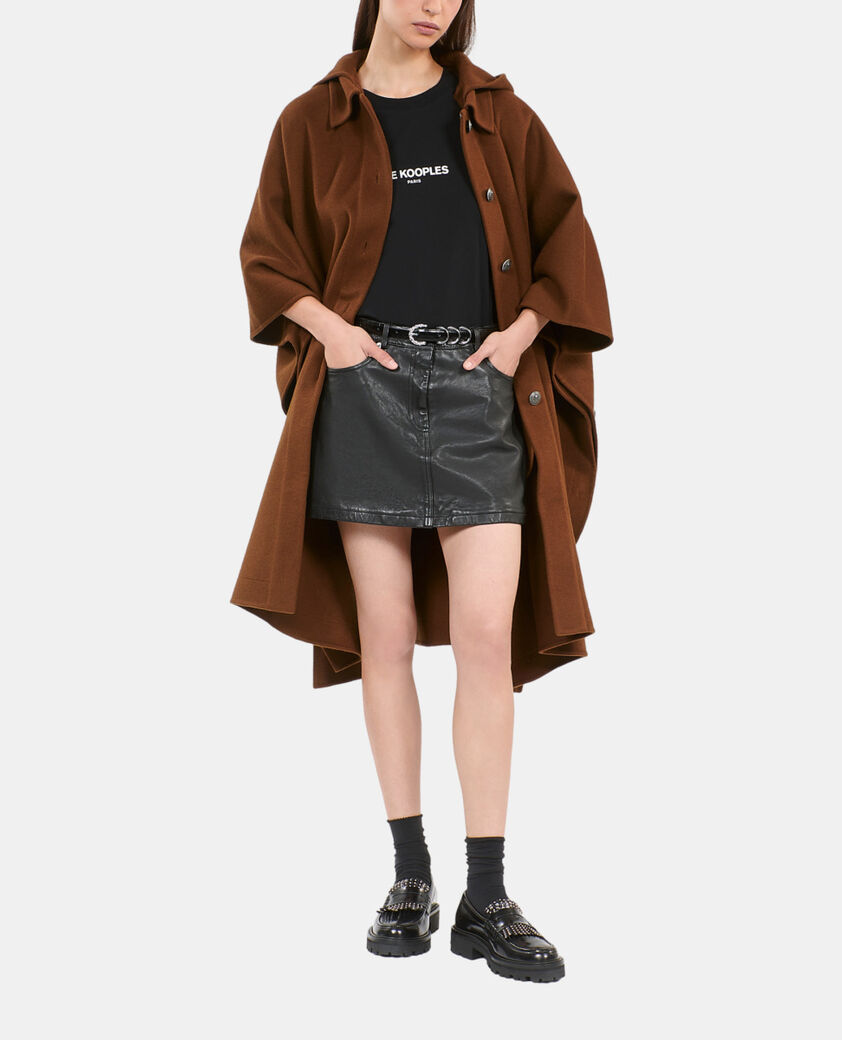 The Kooples FEMME DARK BROWN cape longue à capuche en laine mélangée marron