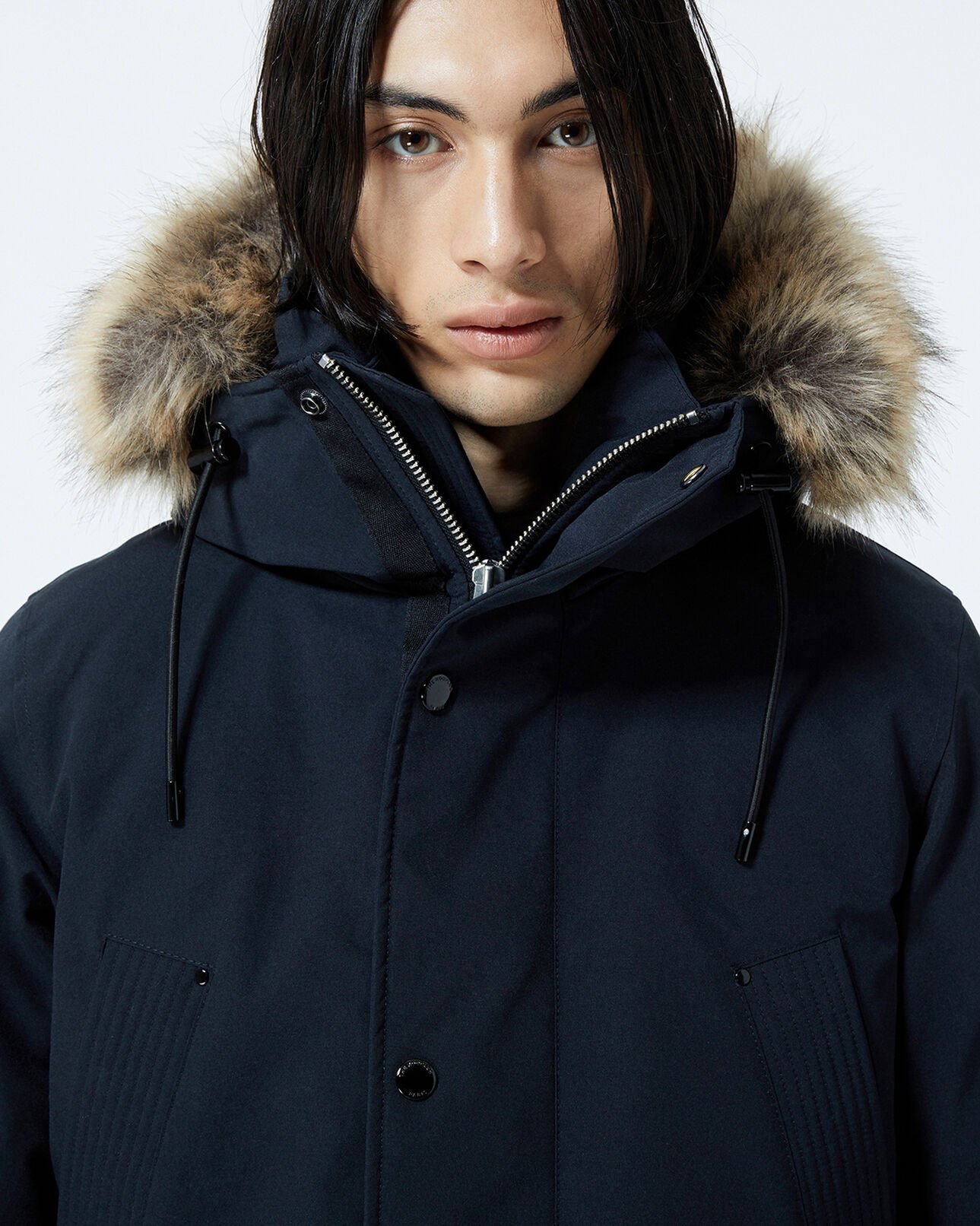 The Kooples HOMME DARK NAVY parka bleu marine longue à détail cuir