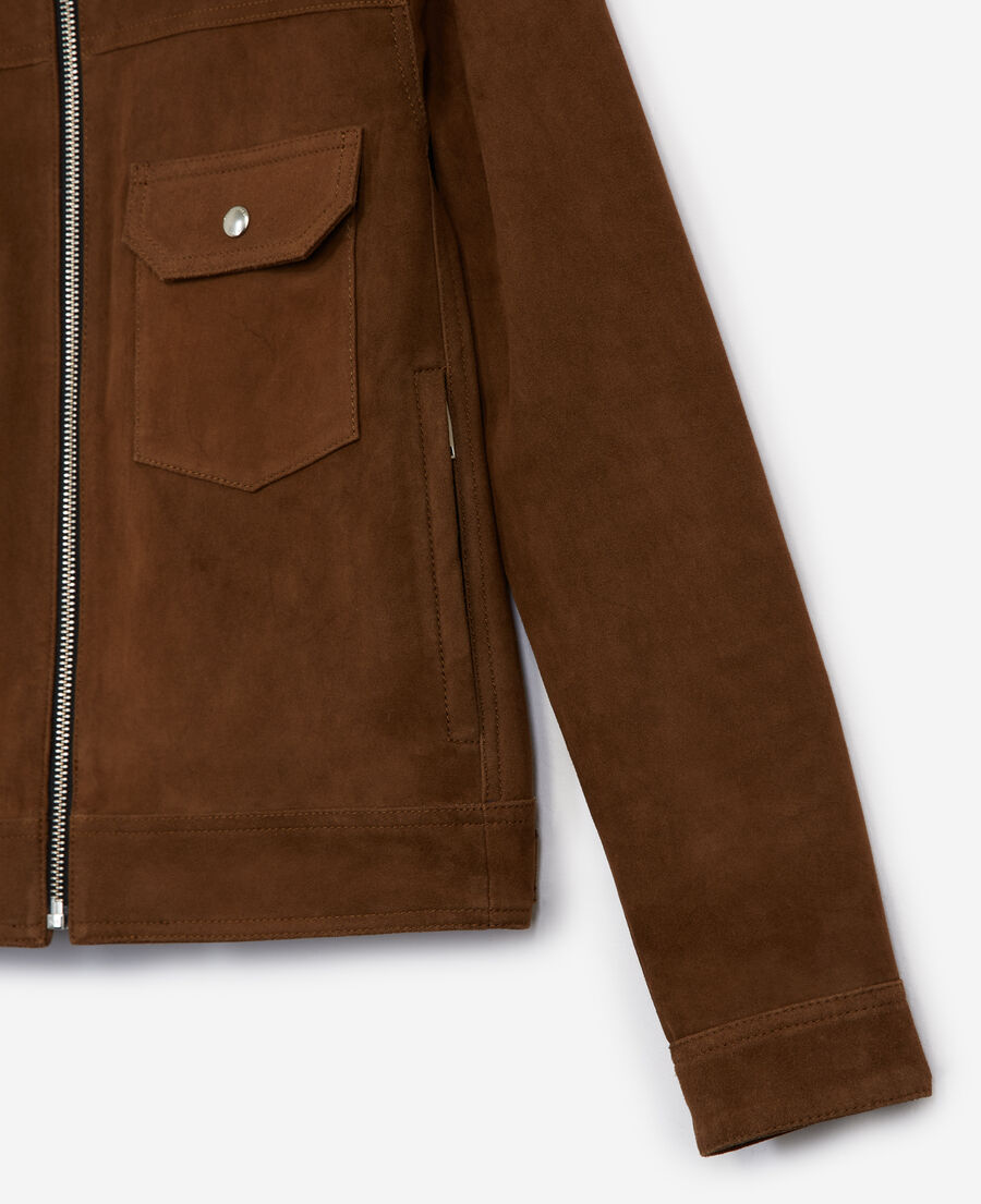 brown suede-effect winter leather jacket