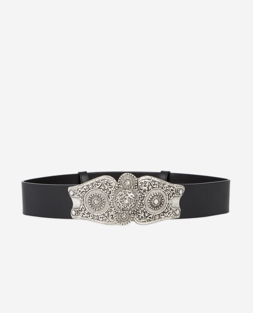 The Kooples WOMEN BLACK wide black leather belt with large western-style buckle