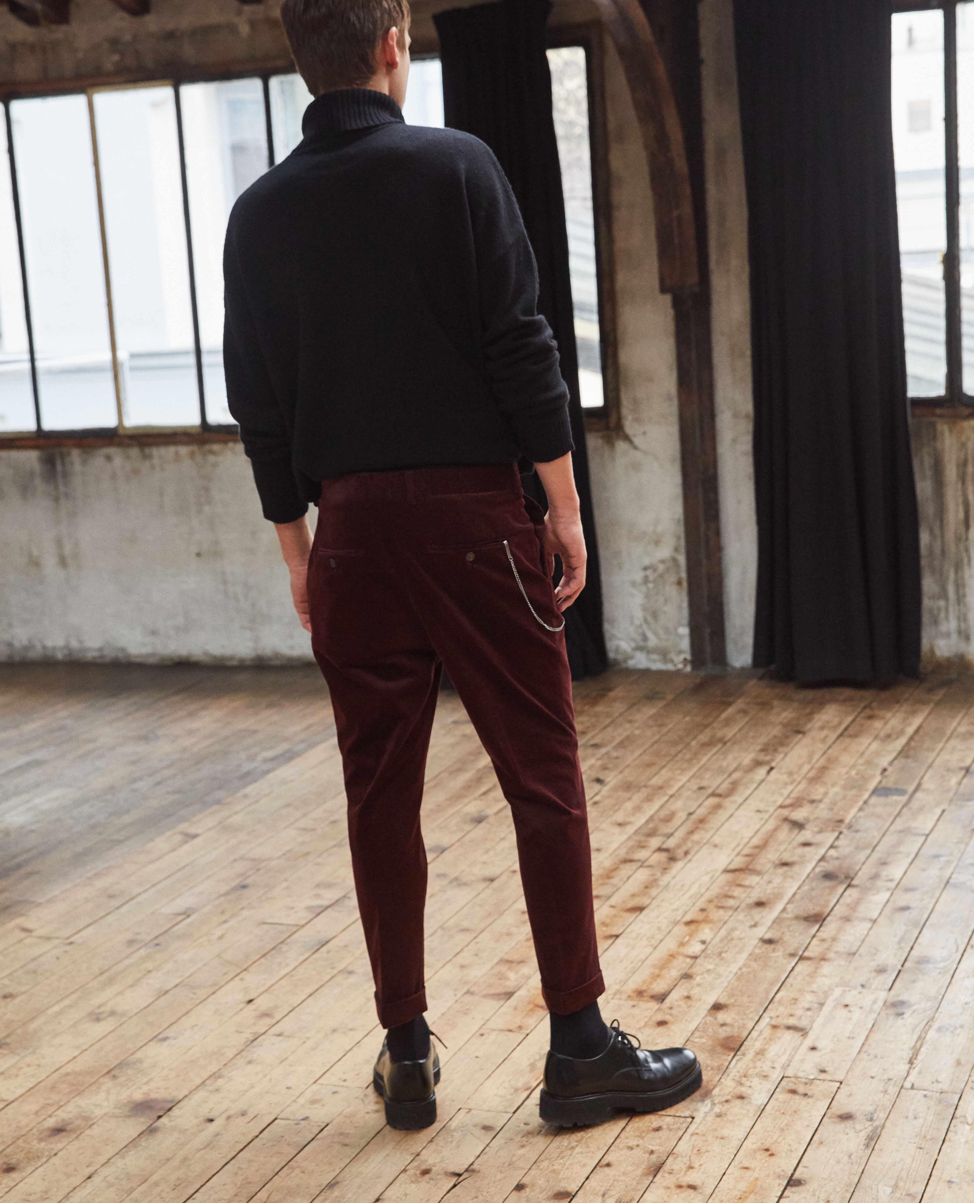 Burgundy ribbed velvet trousers