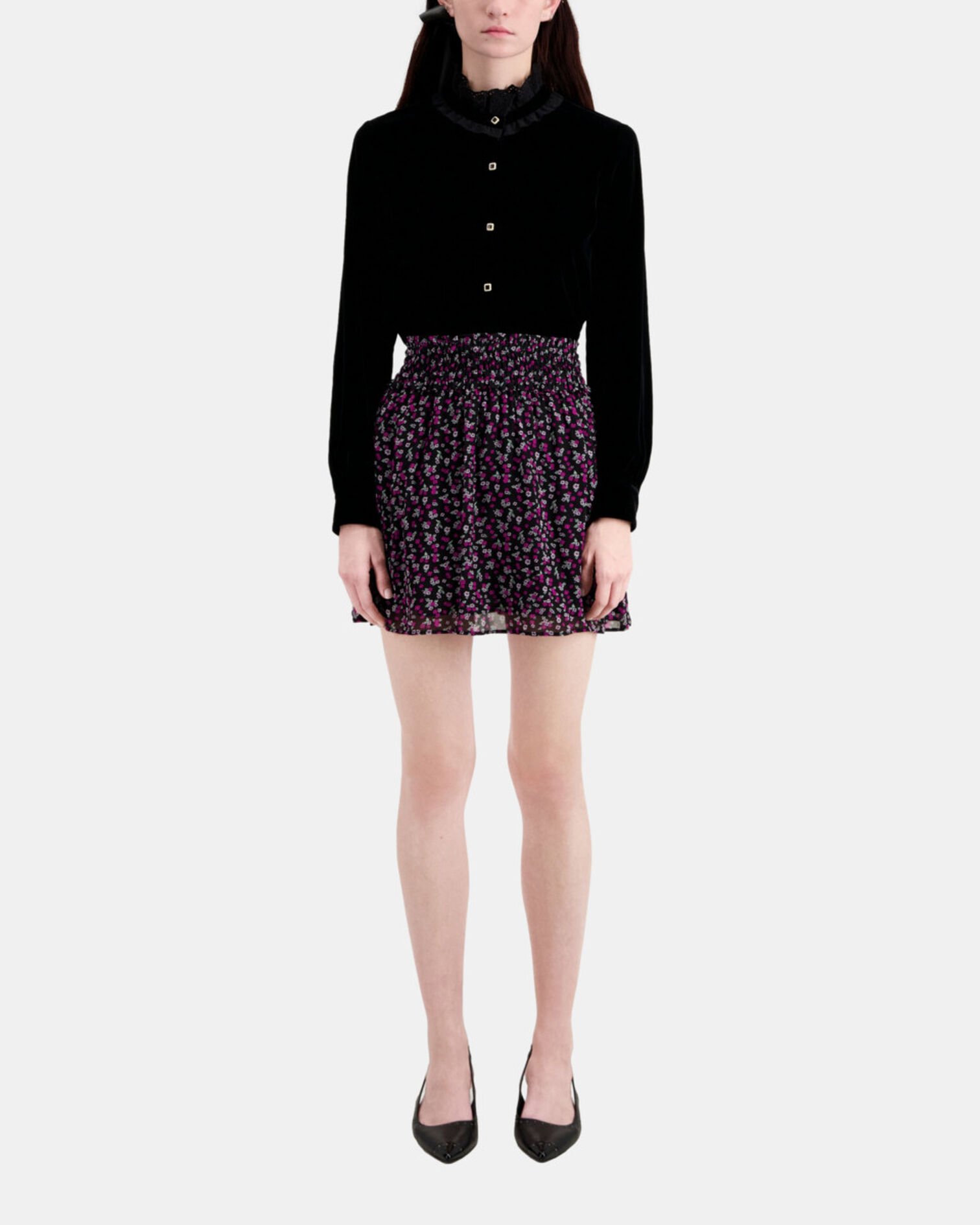 Short printed skirt with smocking, BLACK / PINK, hi-res image number null