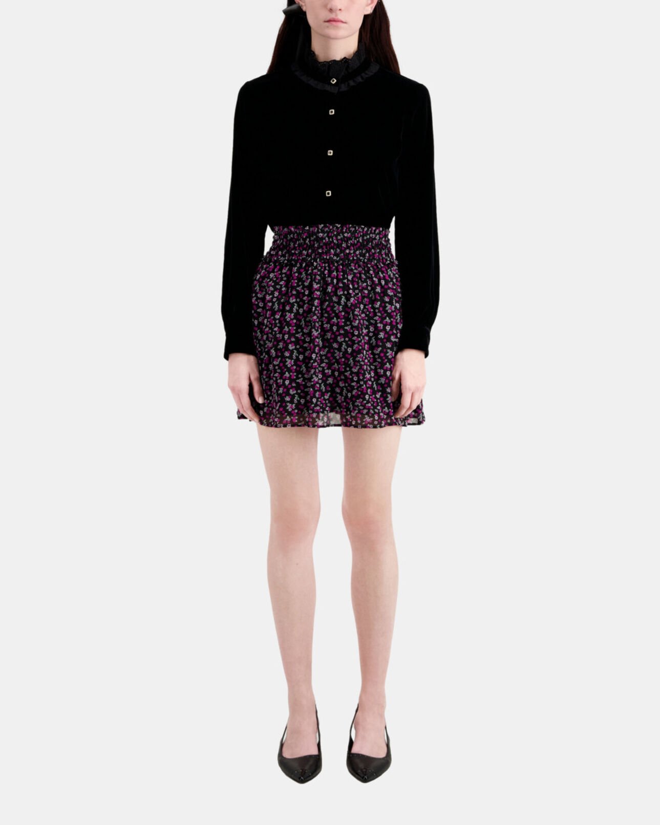 The Kooples FEMME BLACK / PINK jupe courte imprimée avec smocks