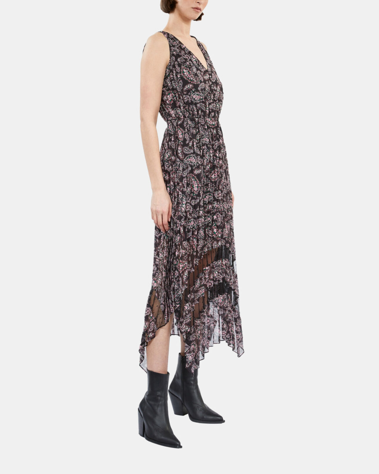 The Kooples FEMME BLACK / PINK robe longue plissée imprimée