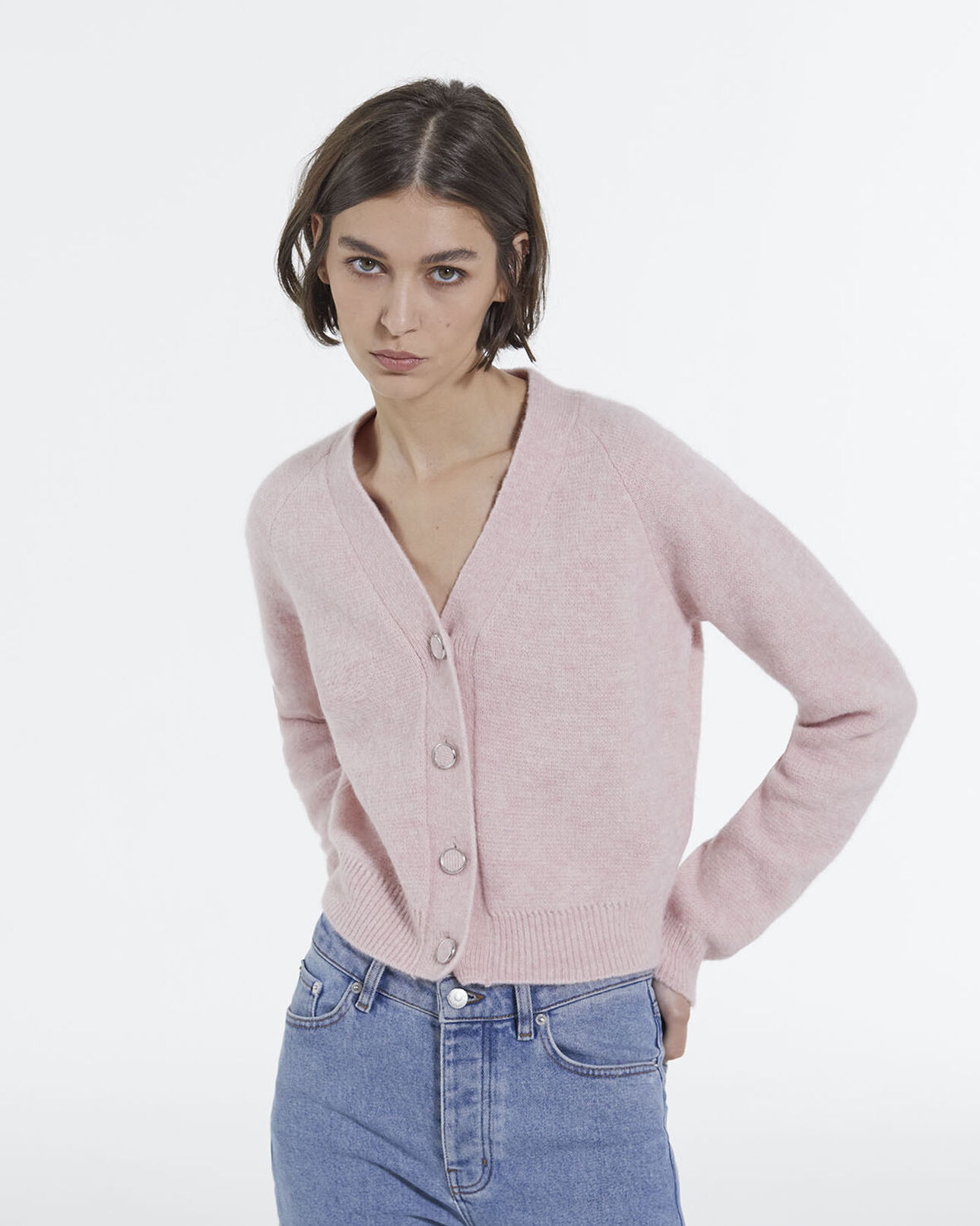The Kooples WOMEN PINK cropped pink wool cardigan with pockets