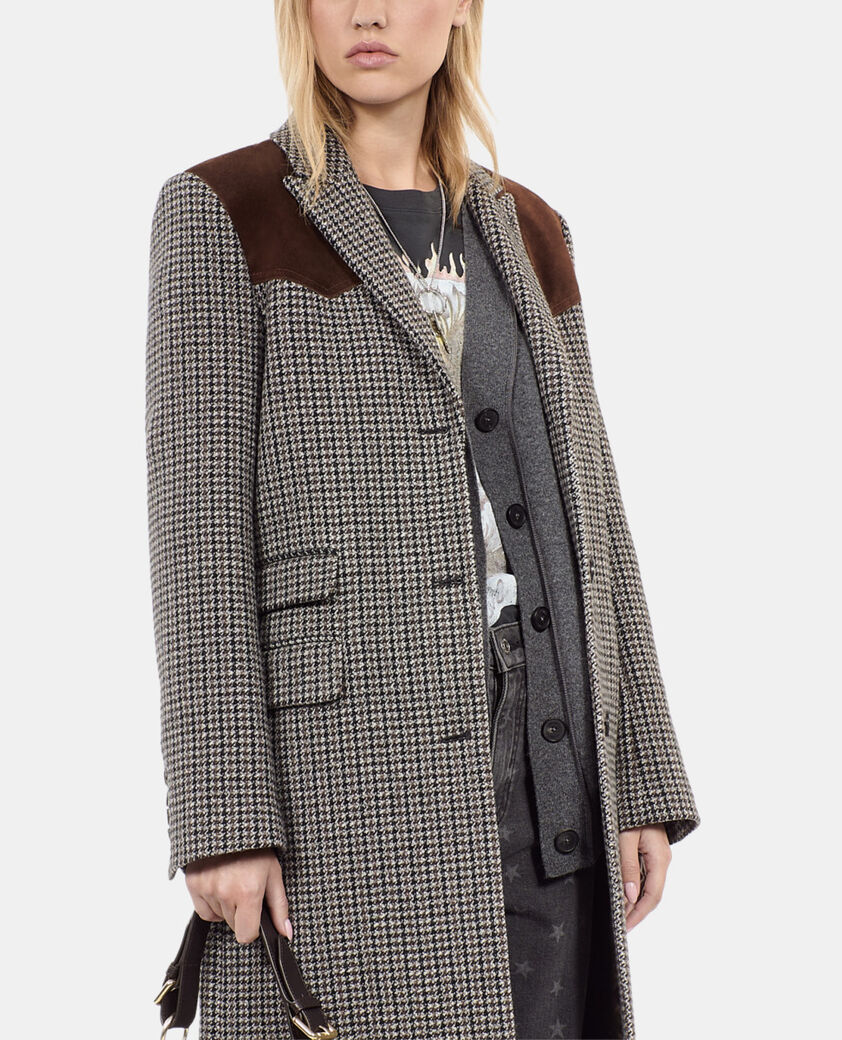 The Kooples FEMME BLACK WHITE manteau long pied de poule noir et blanc