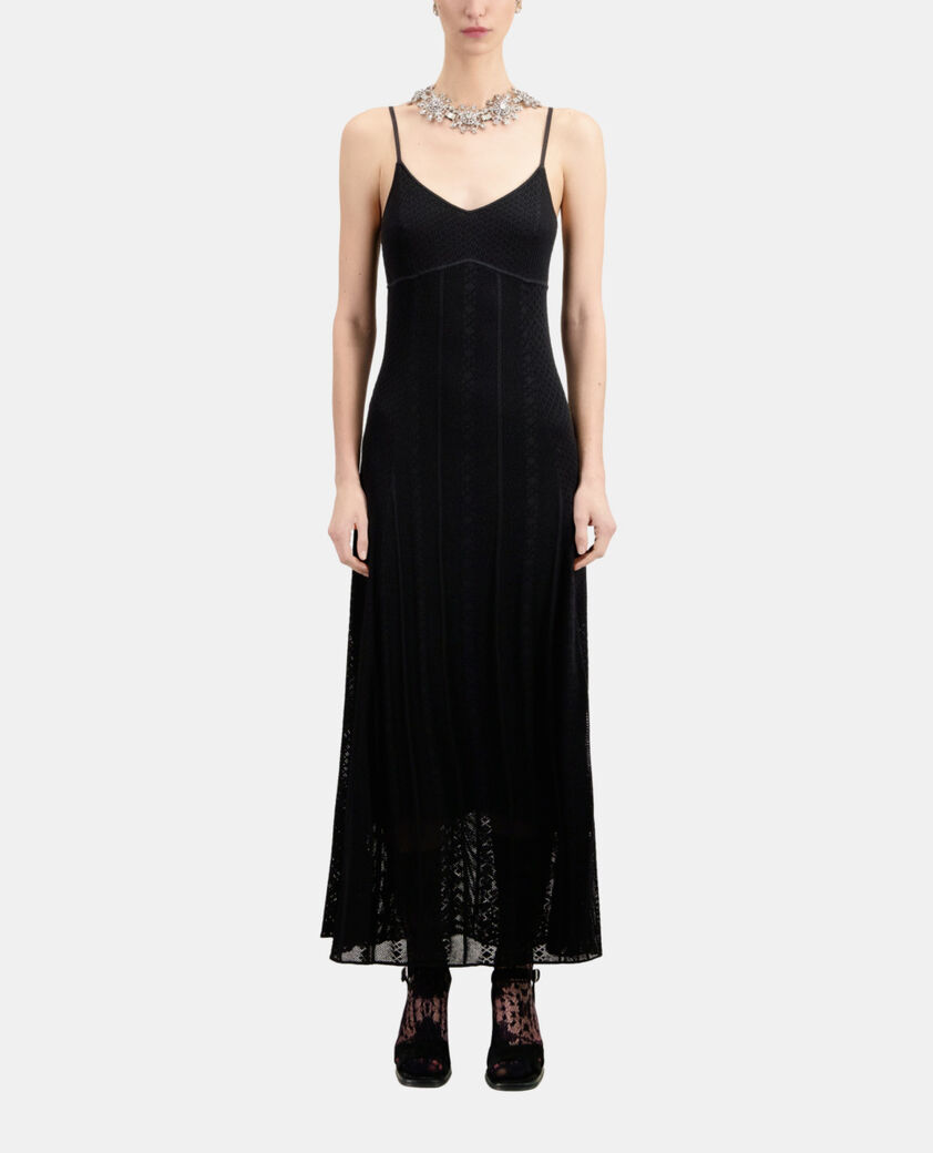 The Kooples DAMEN BLACK langes, schwarzes strickkleid mit ajour-details