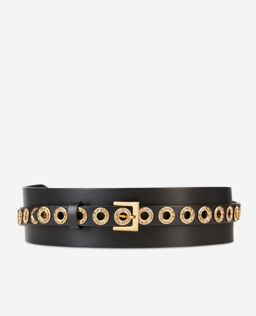 The Kooples WOMEN BLACK wide black leather belt with eyelets and rhinestones