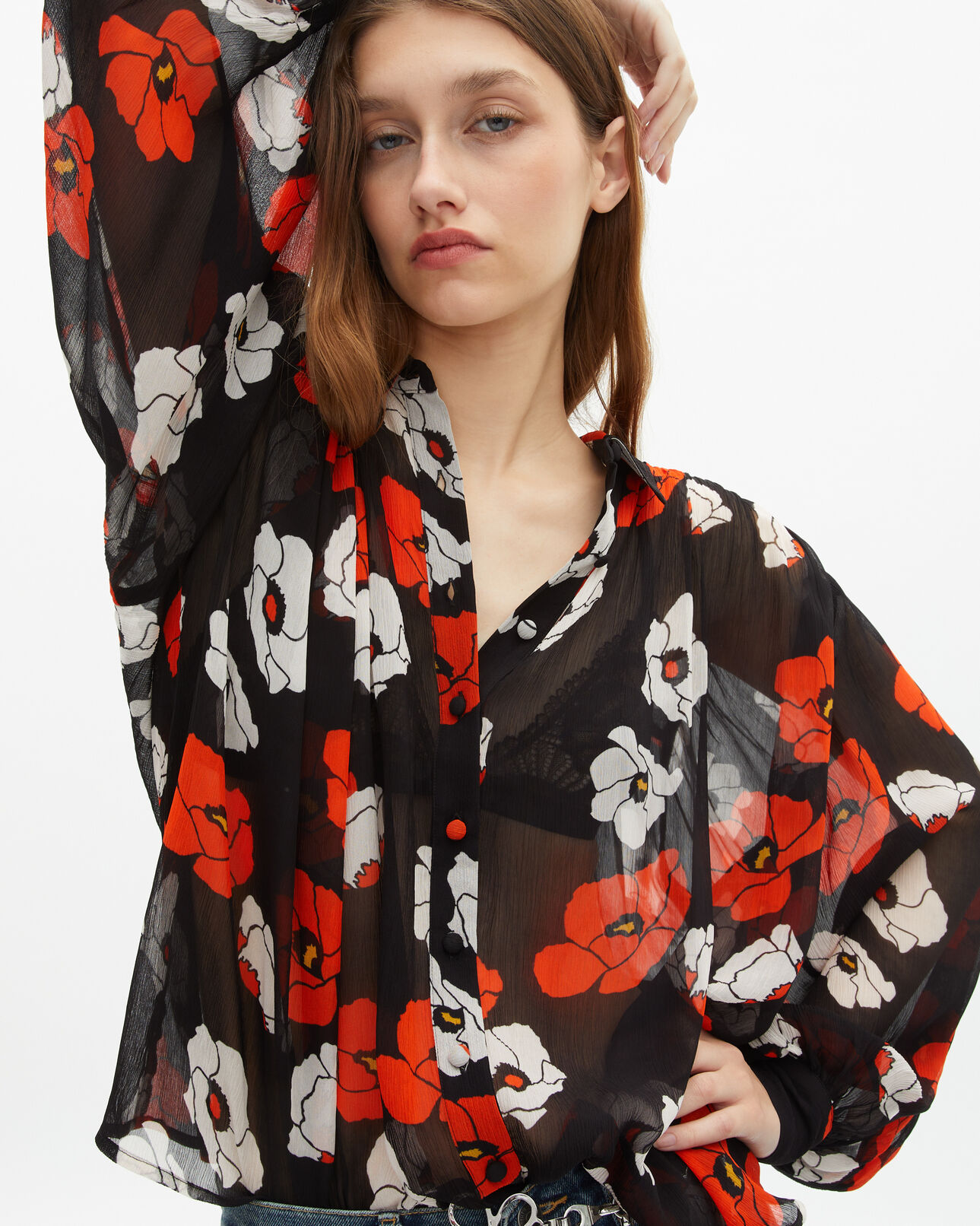 The Kooples FEMME BLACK RED OFF WHITE chemise ample imprimé fleuri noire