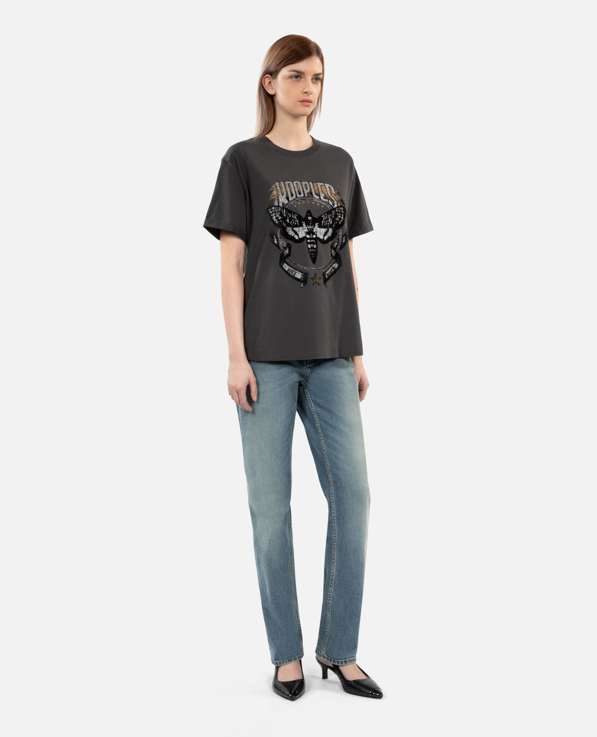 T-shirt Femme gris carbone avec sérigraphie Skull butterfly, CARBONE, hi-res image number null