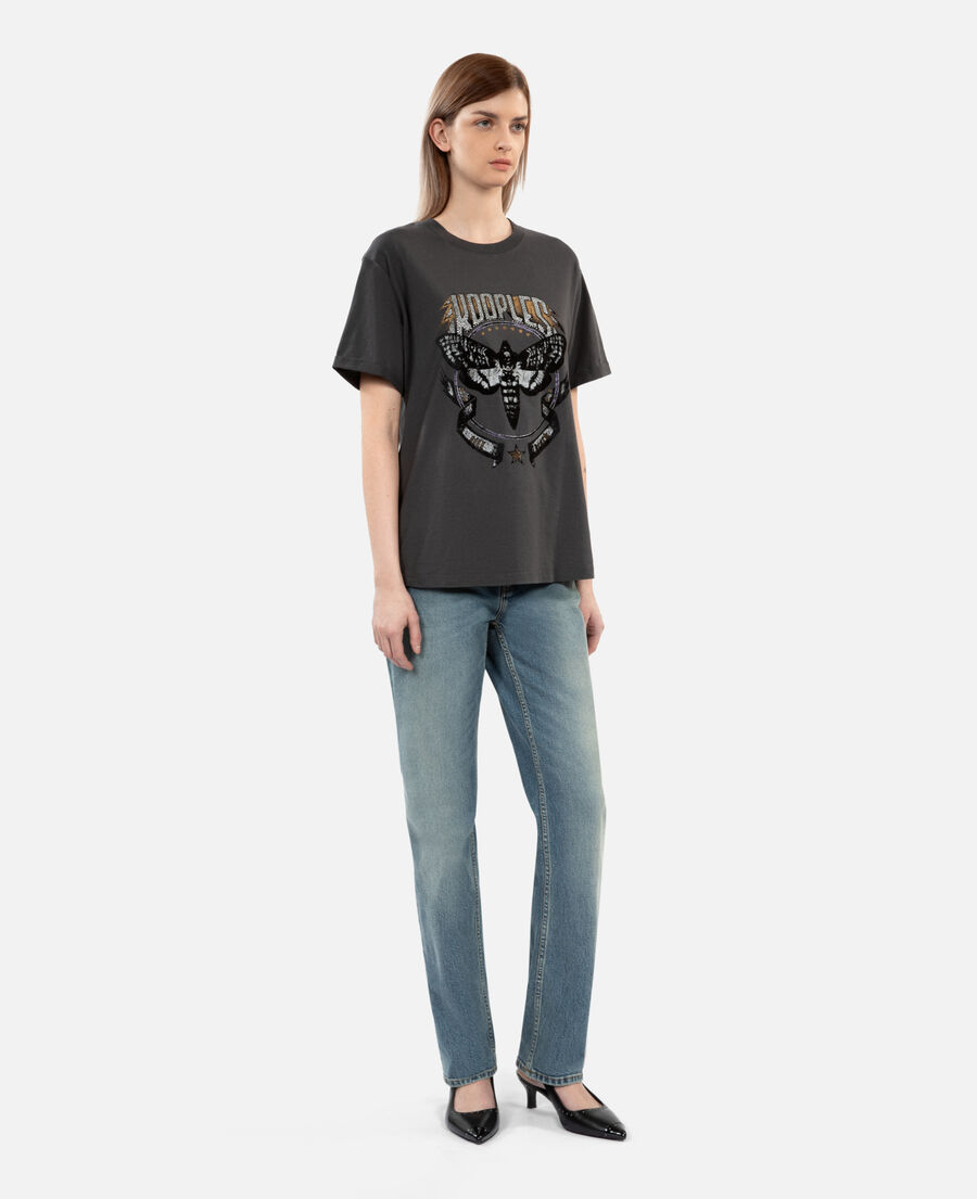 camiseta mujer gris carbono skull butterfly