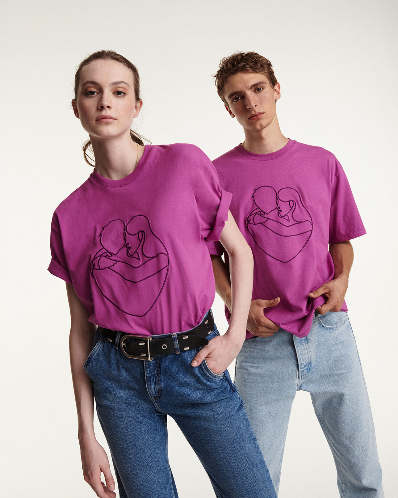 The Kooples HOMME PURPLE t-shirt rose coton brodé ton sur ton