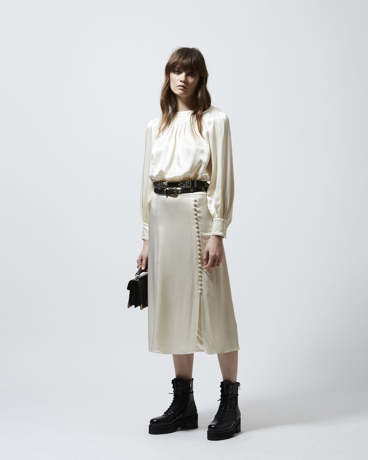 Long pleated beige skirt with slit in satin, ECRU, hi-res image number null