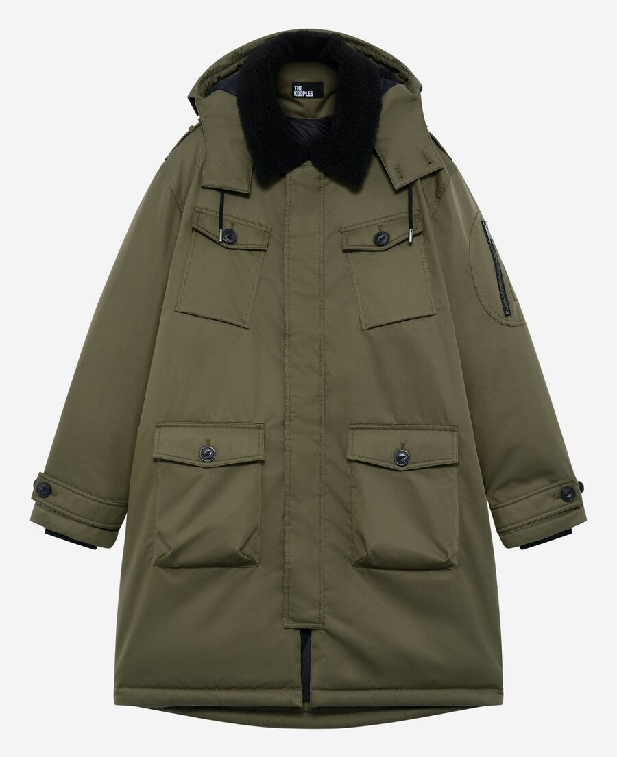 The Kooples HERREN KAKI wasserabweisender parka mit khakifarbenem sherpa-kragen