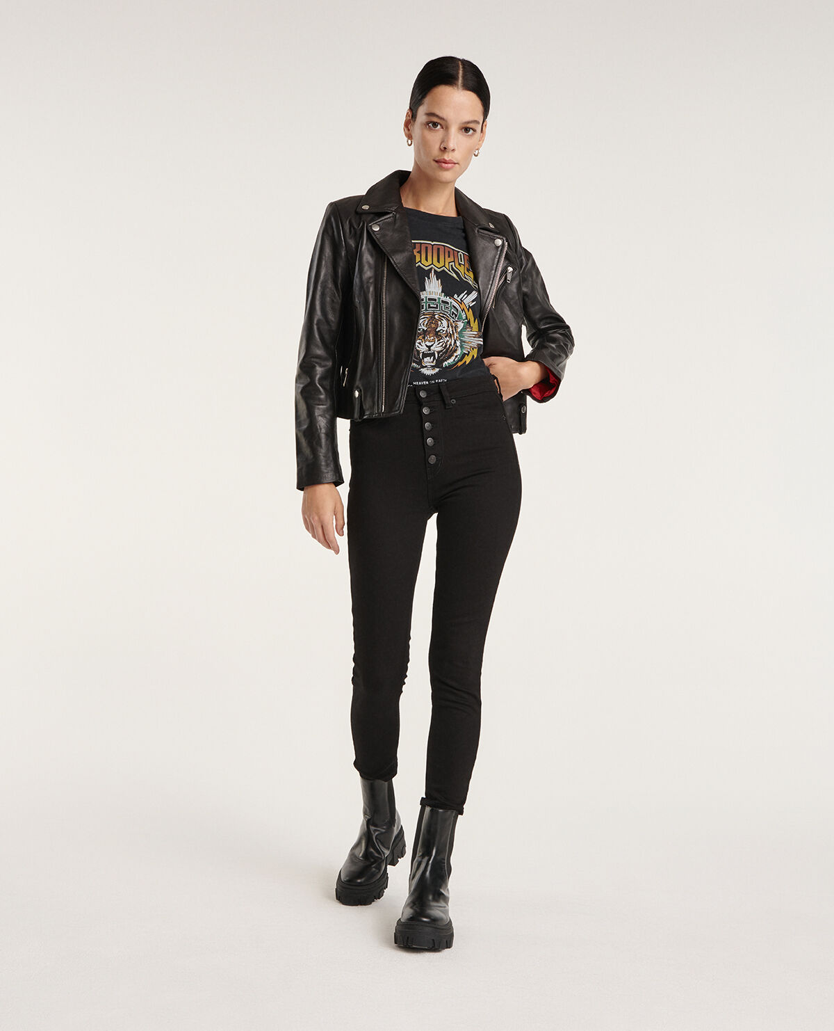 Black leather biker jacket with zippers