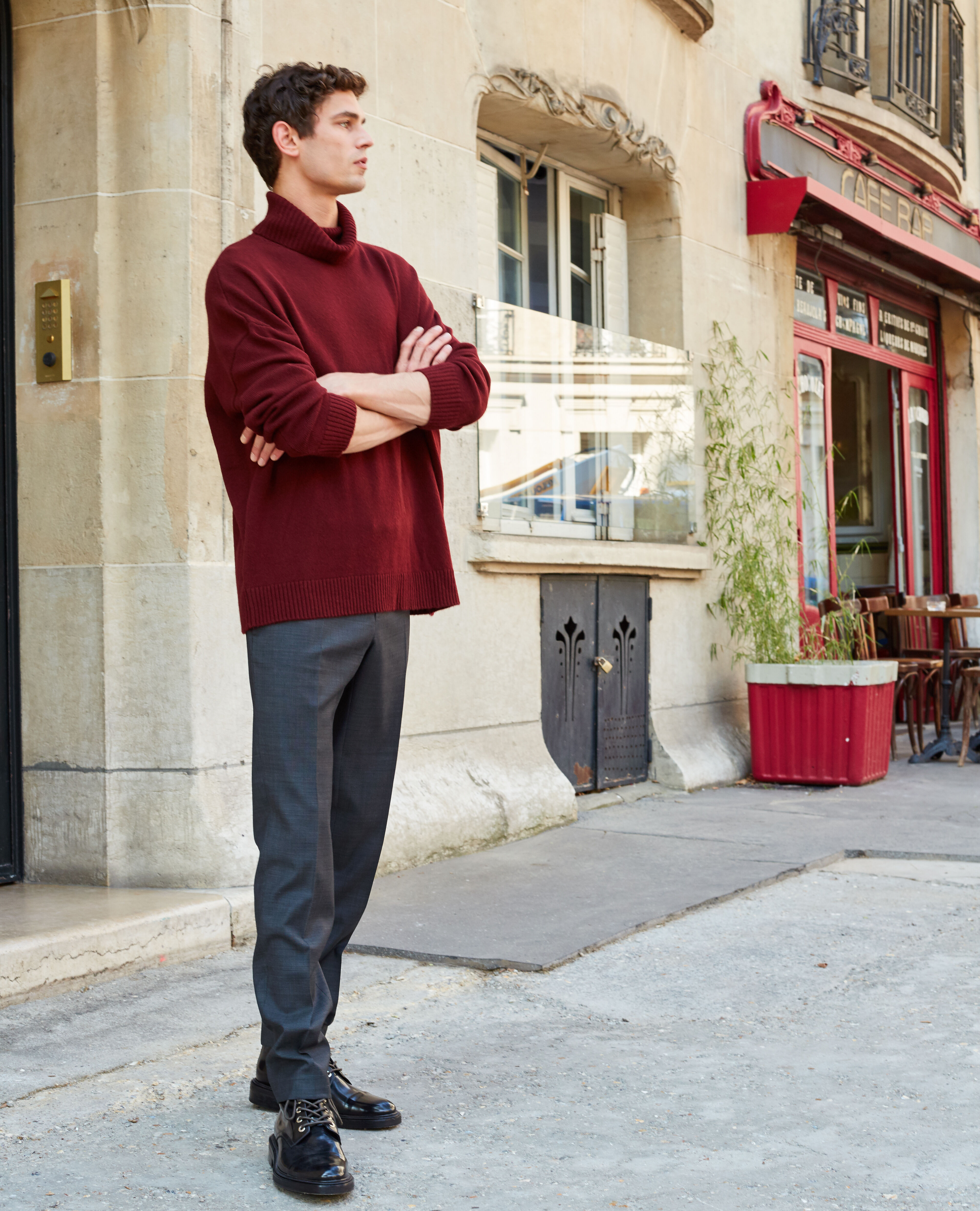 Mens burgundy sweater outfit sales