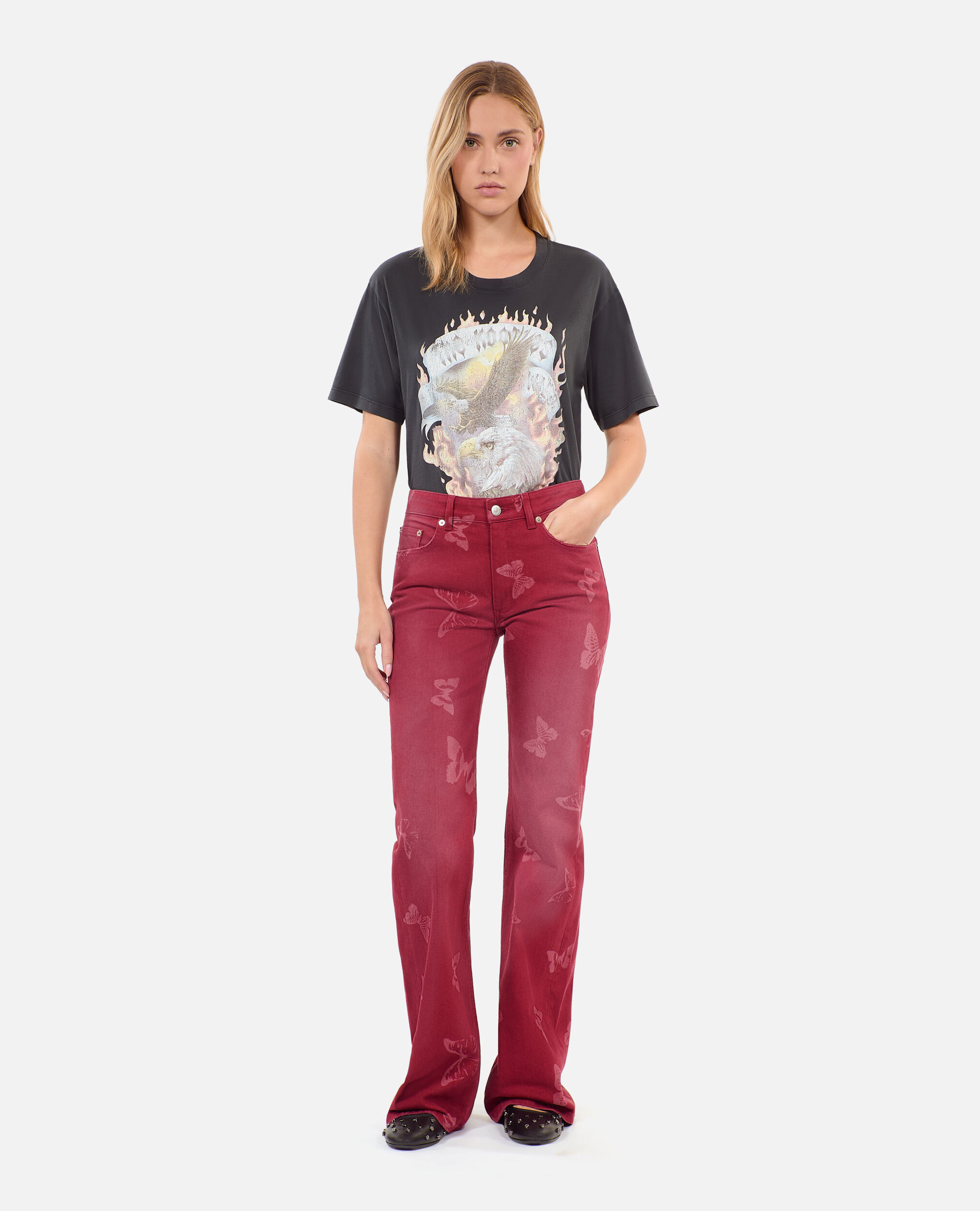Jeans mit ausgestelltem Bein und Print, DARK RED, hi-res image number null