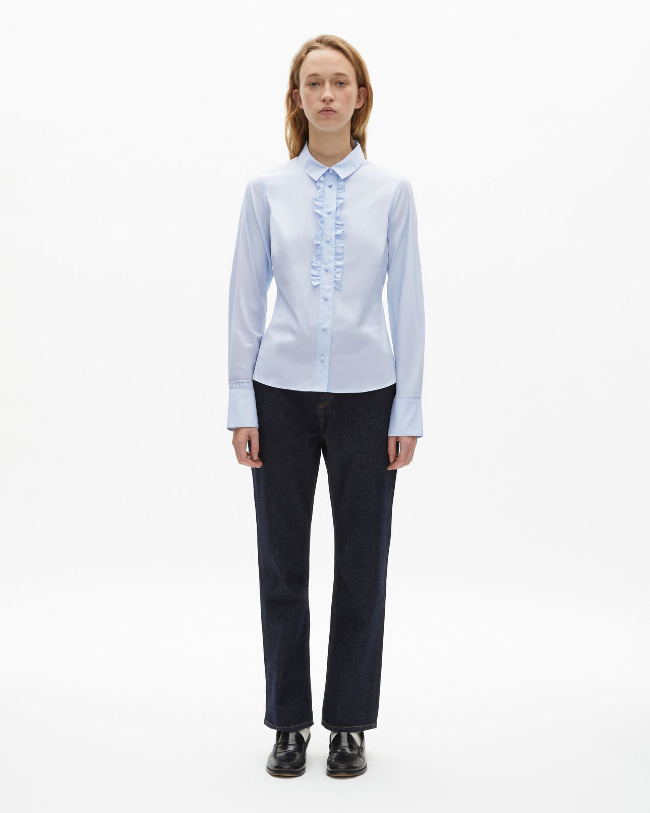 The Kooples WOMEN LIGHT BLUE blue poplin shirt with ruffles