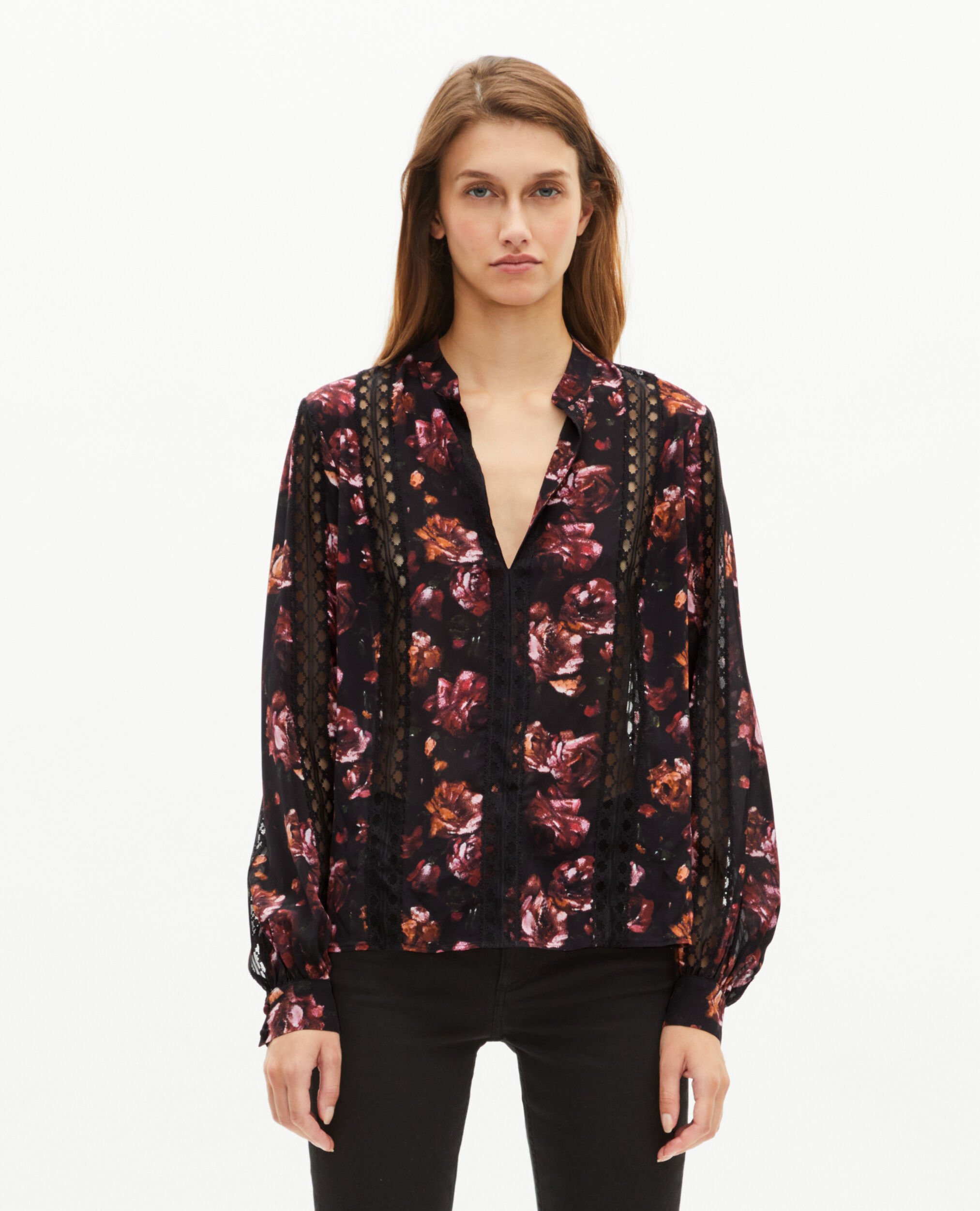 Rose-print blouse in burgundy silk blend, BLACK - RED, hi-res image number null
