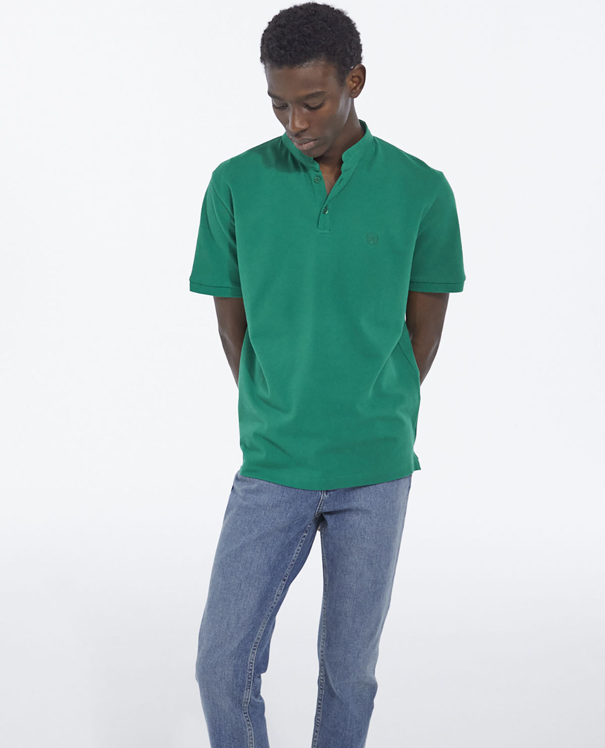 Green polo with officer collar and embroidery, GREEN, hi-res image number null