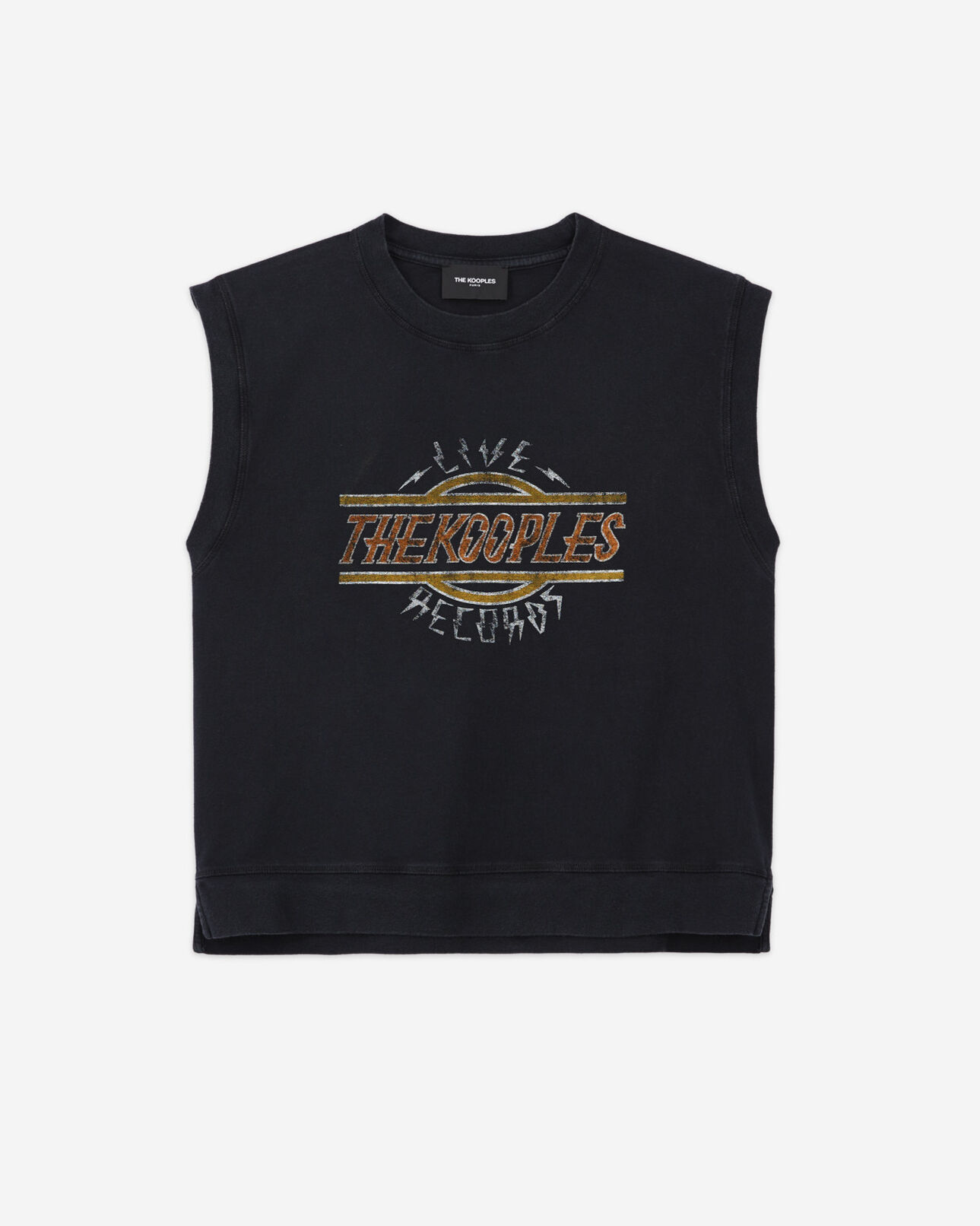 The Kooples WOMEN BLACK WASHED sleeveless cotton faded black t-shirt with motif