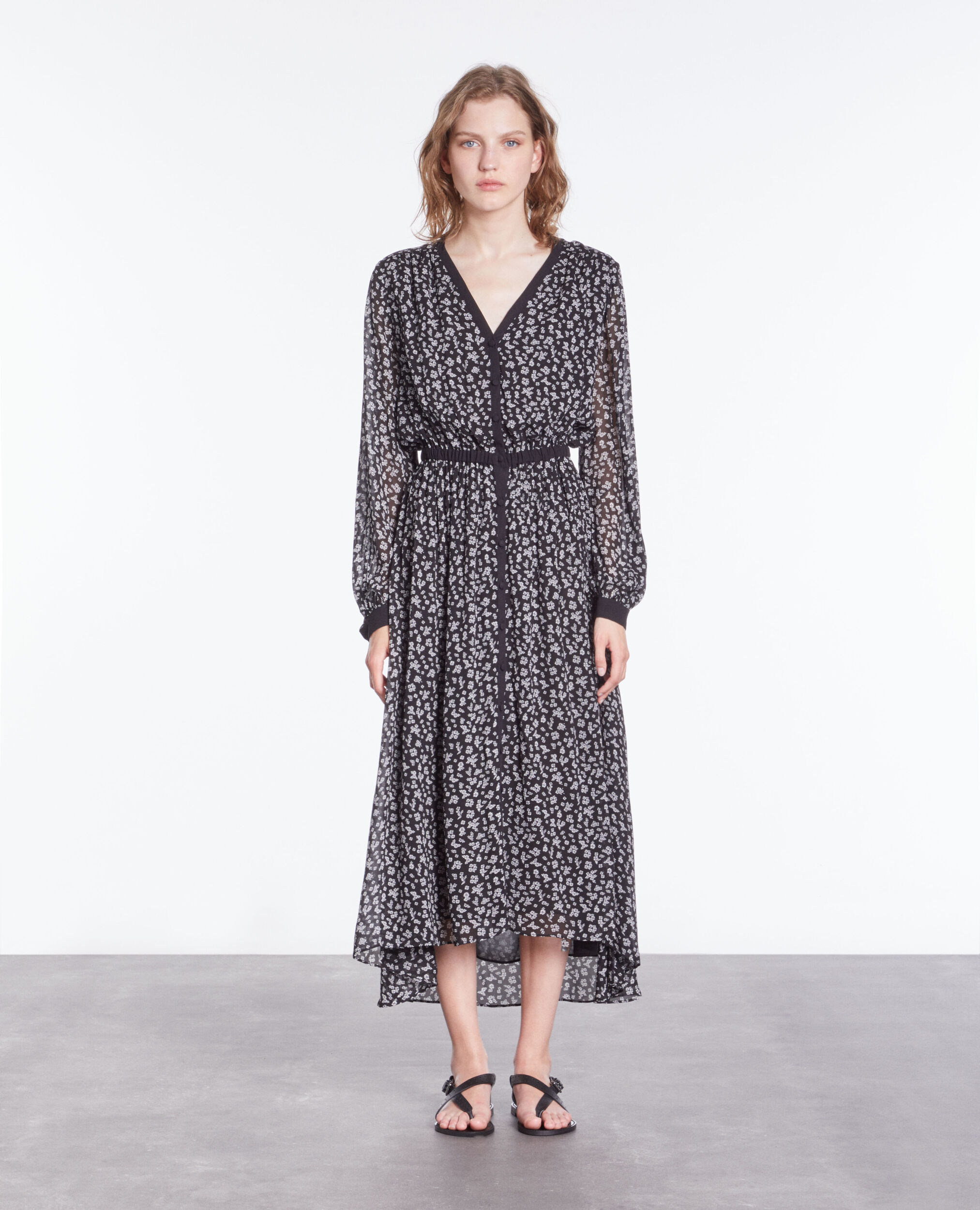 Long printed dress with buttoning, BLACK-ECRU, hi-res image number null
