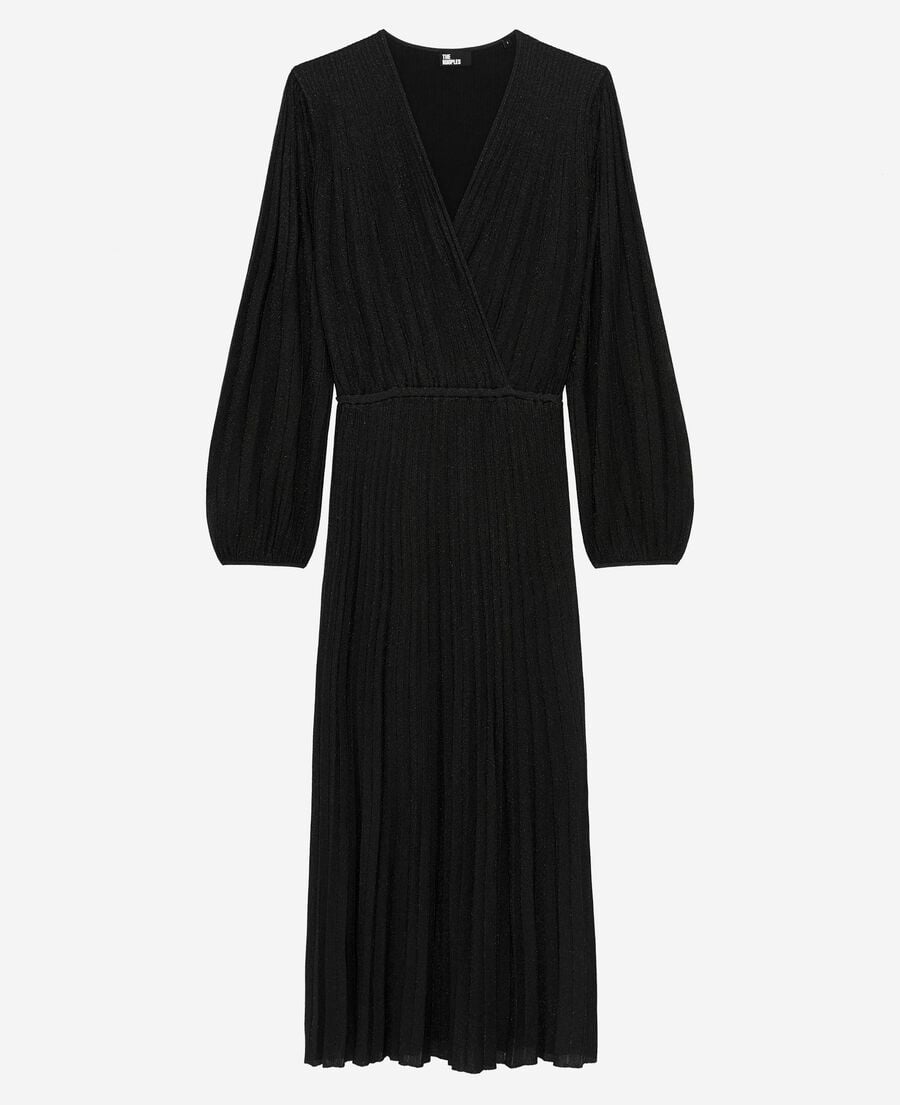 The Kooples DAMEN BLACK/BLACK SHINY langes, plissiertes kleid aus schwarzem lurex